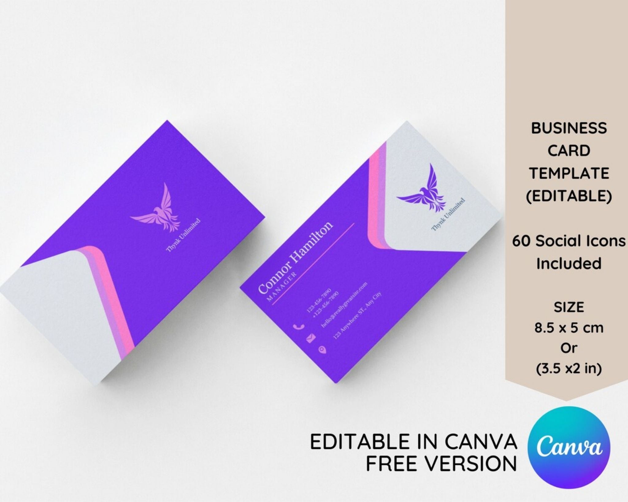 Modern business card template editable Canva 3.25x2 in double sided with social icons