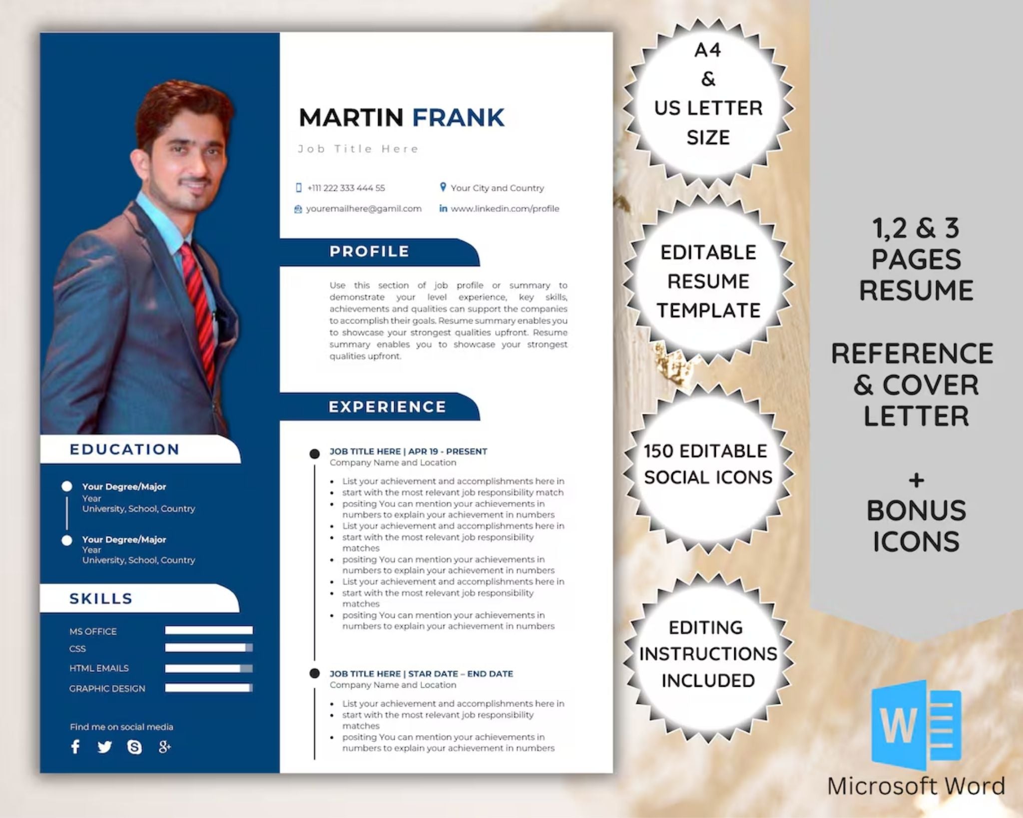 Modern photo resume template for Word – blue layout, A4 & US Letter