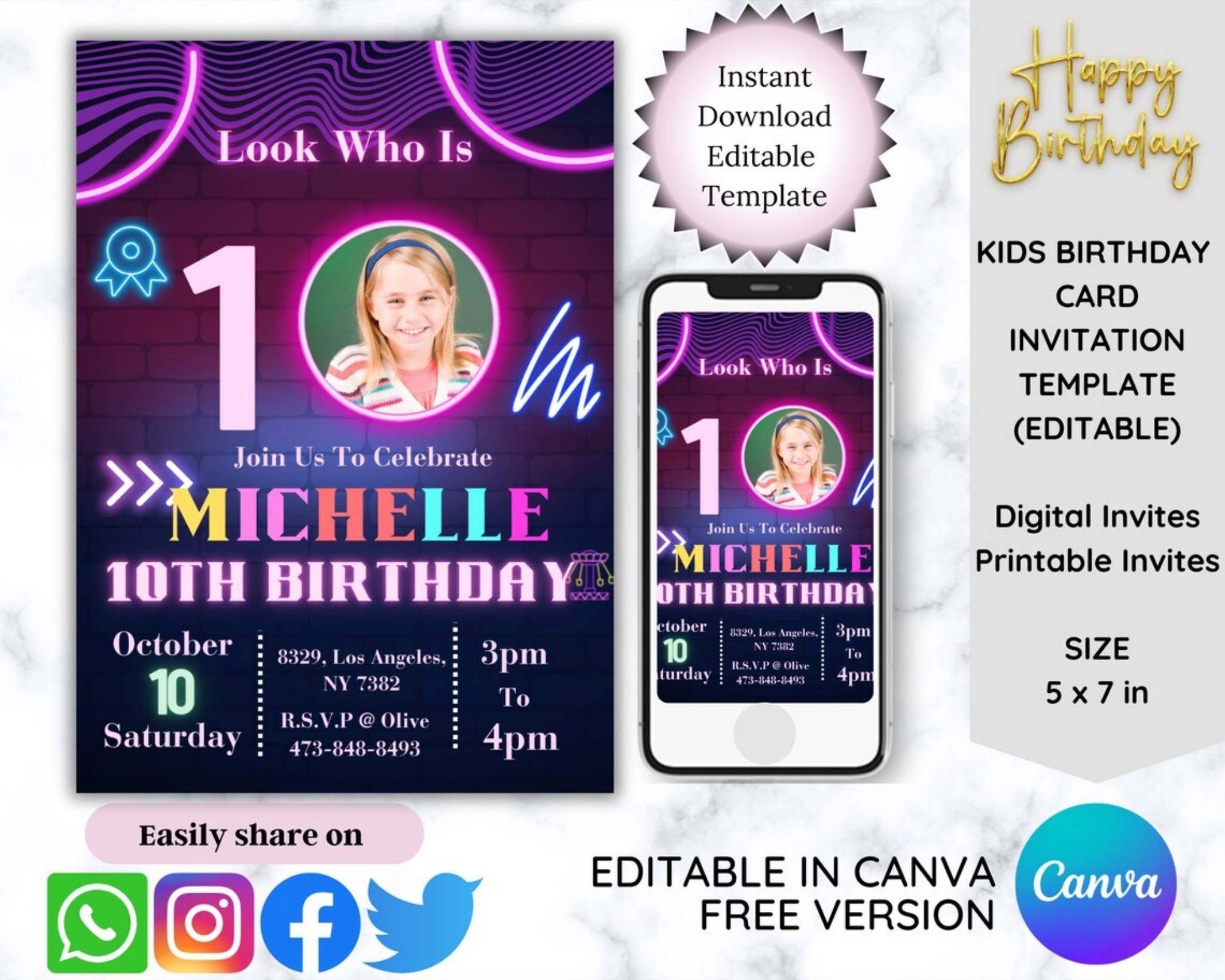 Neon glow birthday invitation template with photo – 5x7 editable Canva design