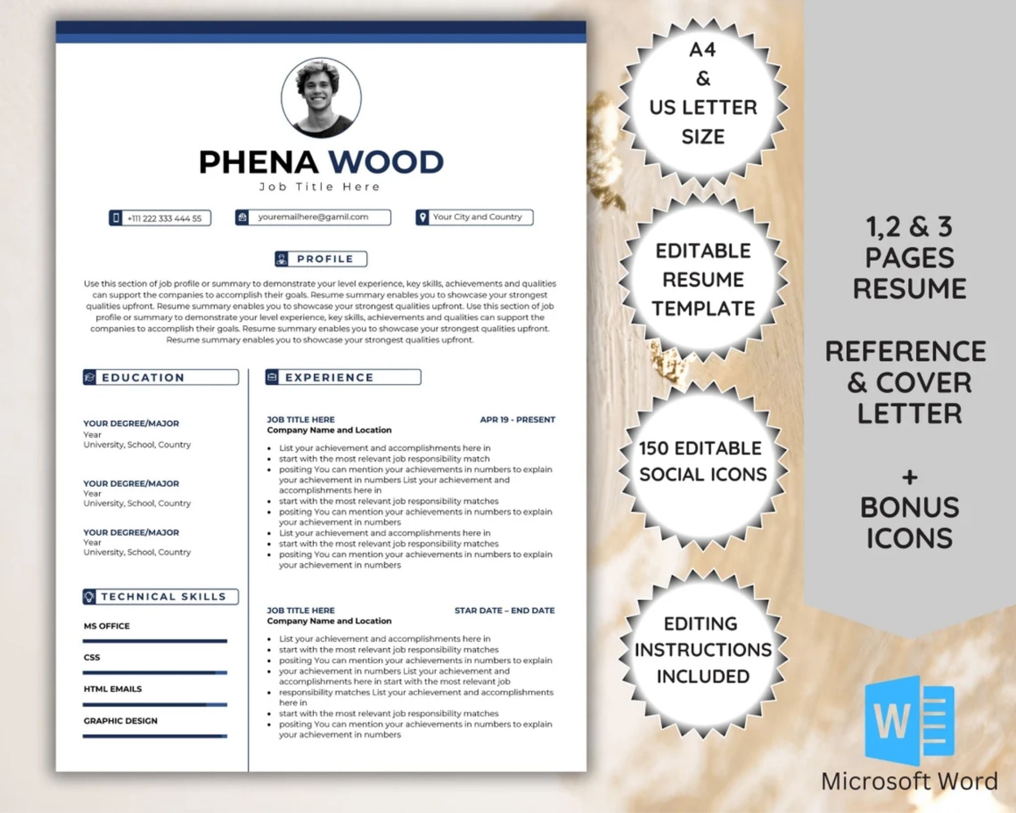 Modern photo resume template in Word, clean layout, blue header, A4 and US letter sizes