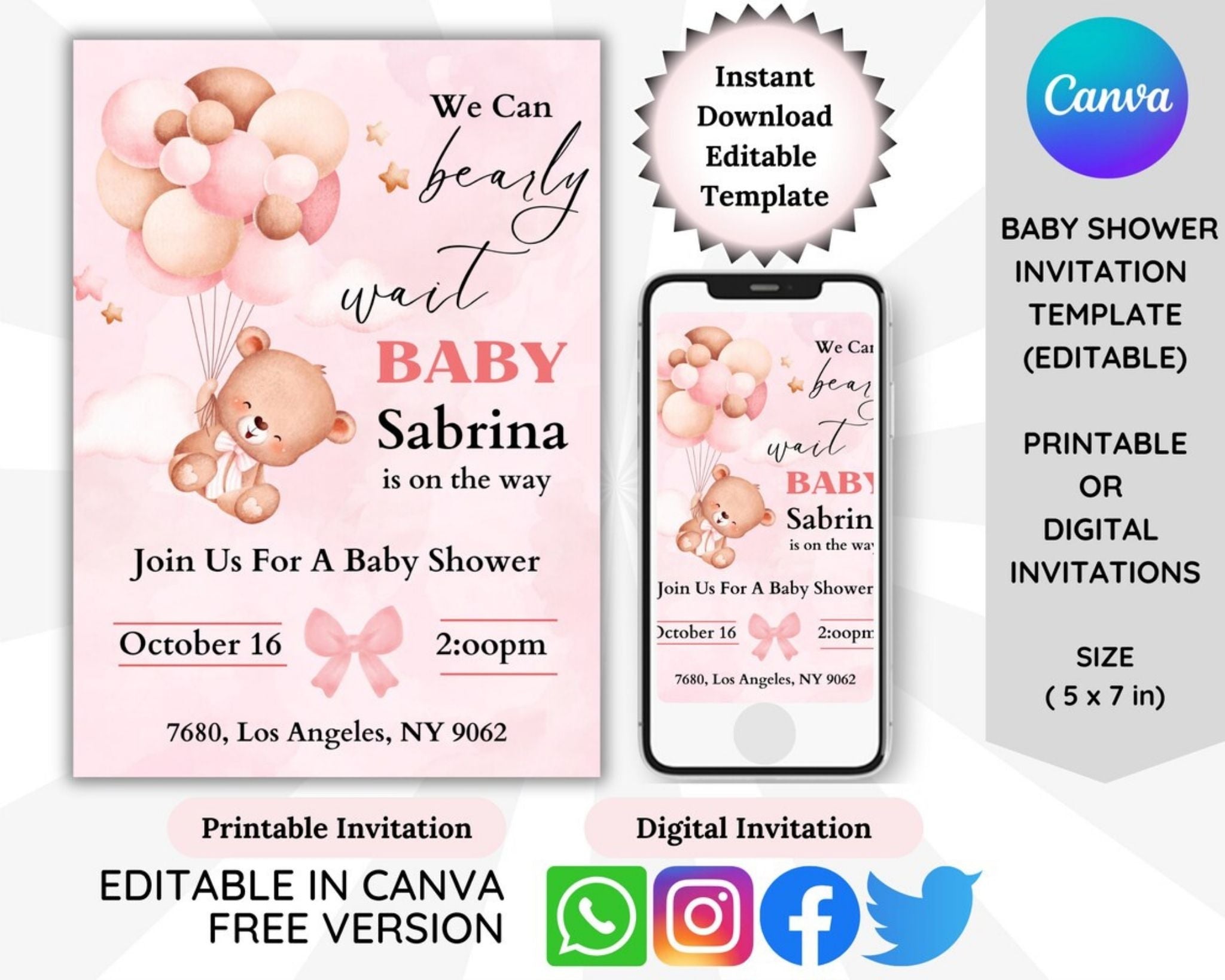 Pink baby shower invitation with teddy bear design