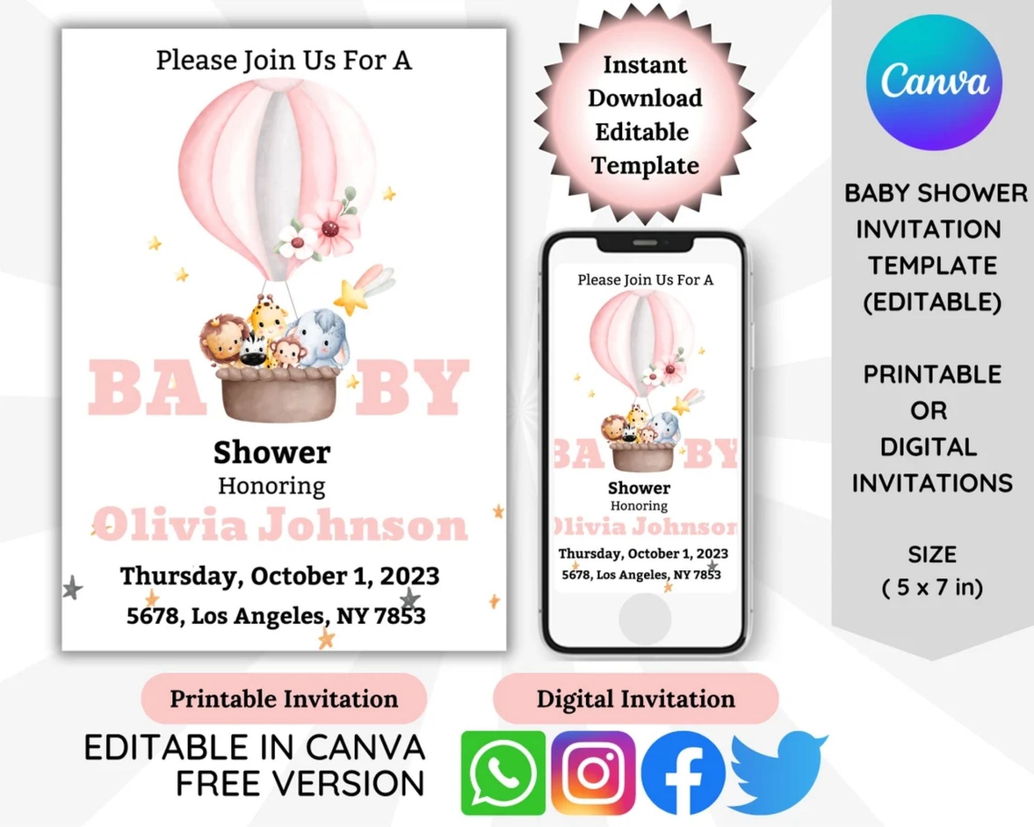 Pink hot air balloon baby shower invite template Canva