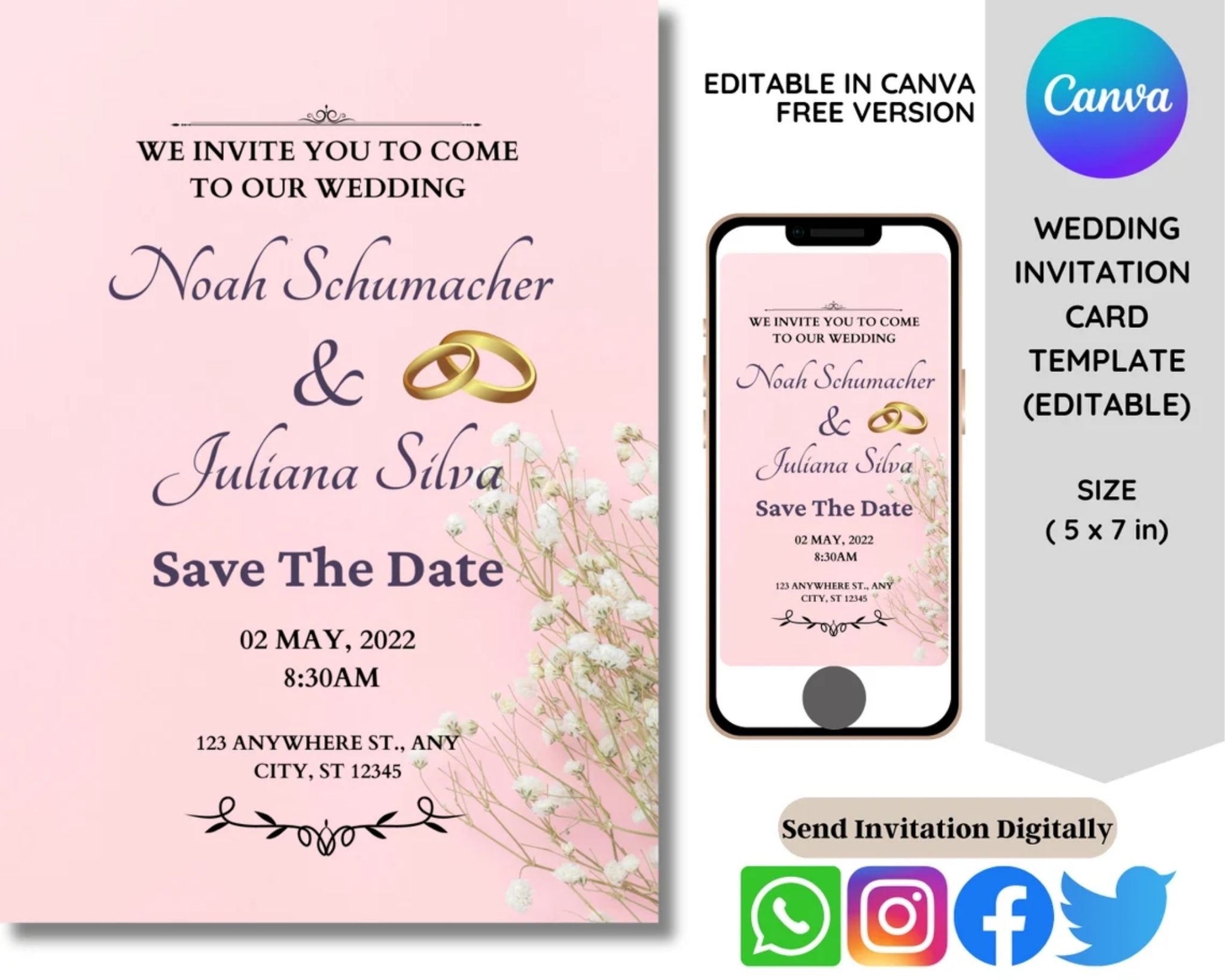 Pink Rose Wedding Invitation Template – Modern, Editable Canva, Print or Digital