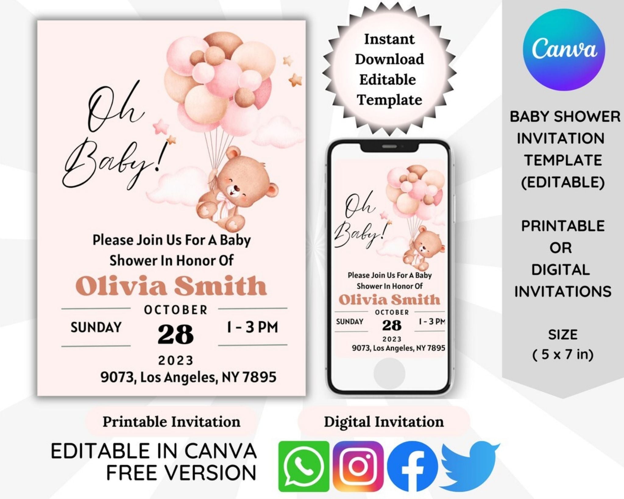 Pink teddy bear baby shower invitation Canva editable template with balloons 5x7