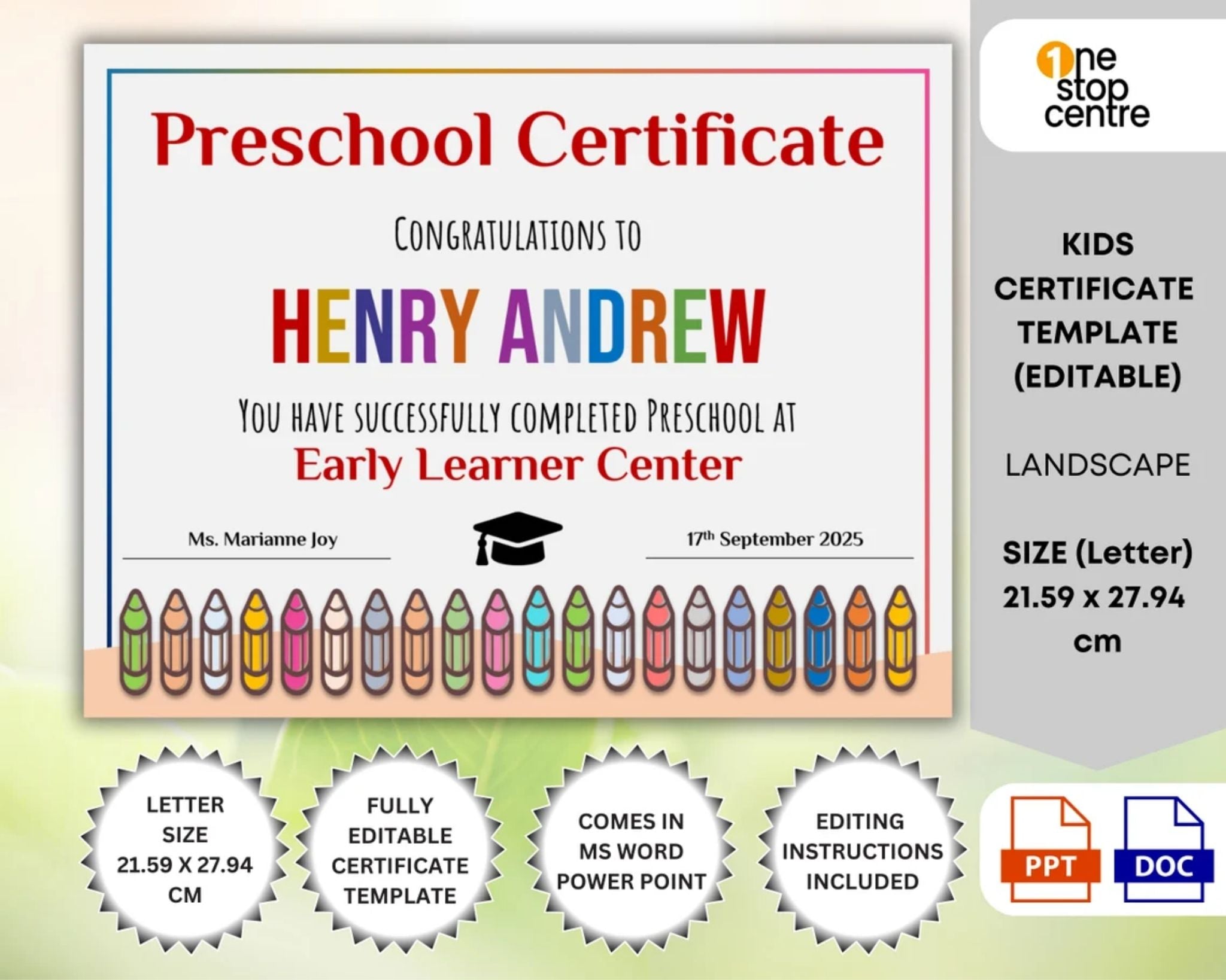 Editable kindergarten graduation certificate template in Word and PowerPoint