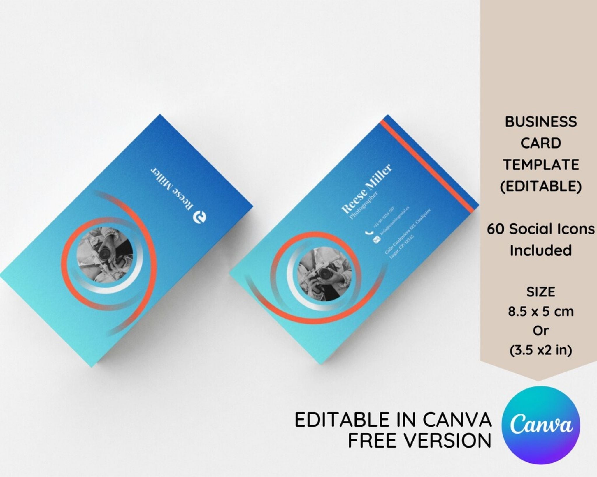 Professional business card template editable Canva with social icons