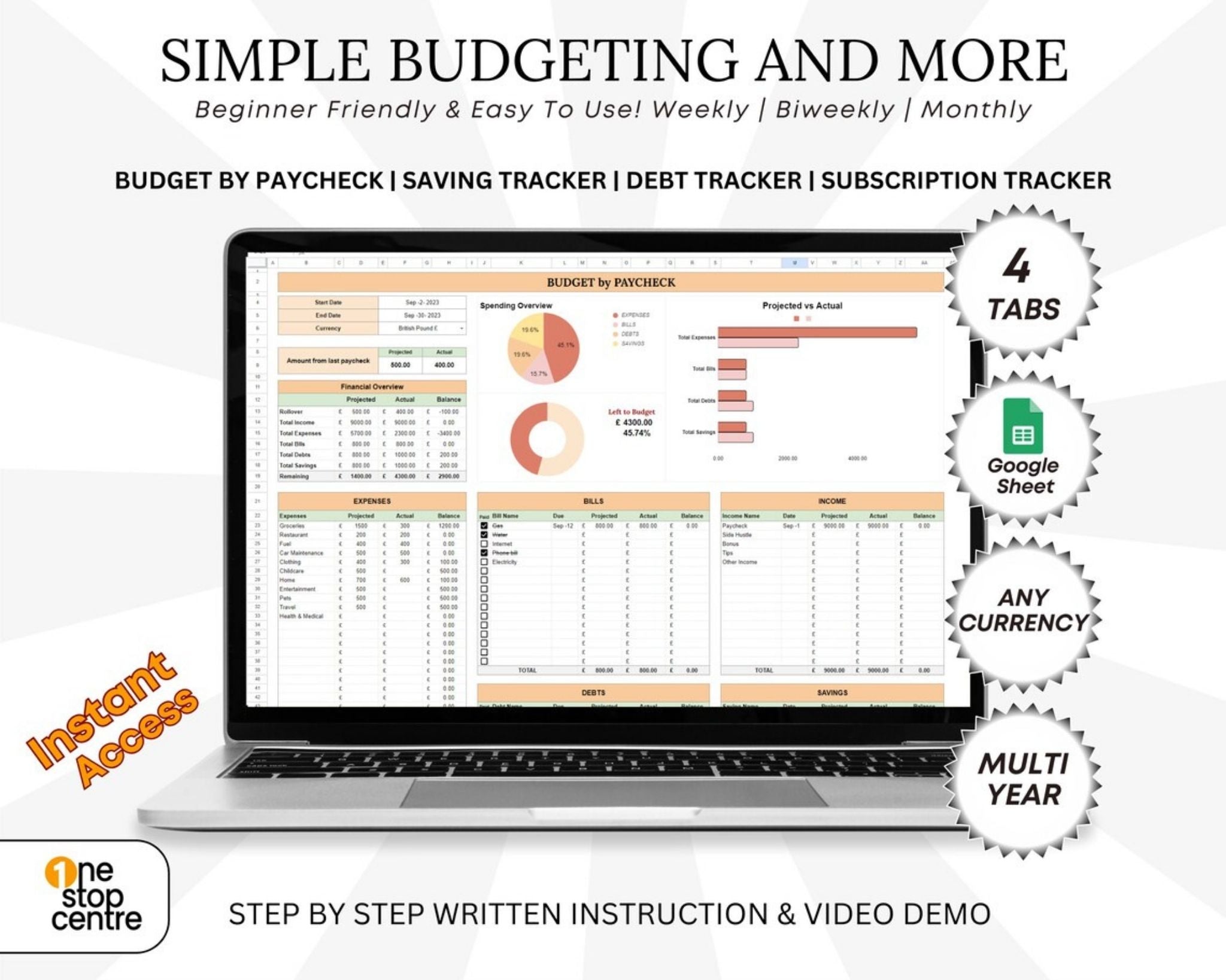 Simple Google Sheets monthly budget planner spreadsheet track savings, debt, subscription