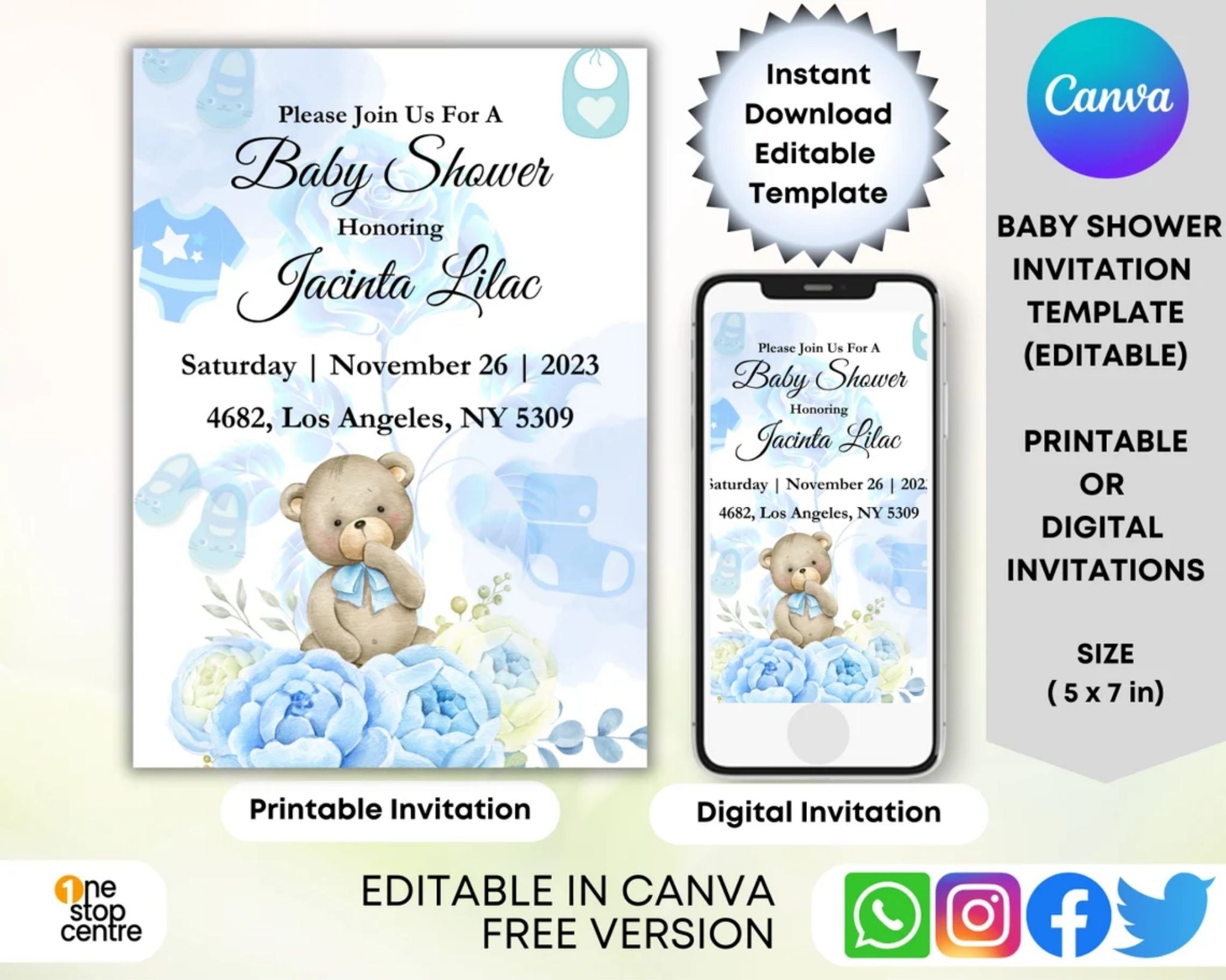 Sky blue floral teddy bear baby shower invitation template, 5x7, editable in Canva
