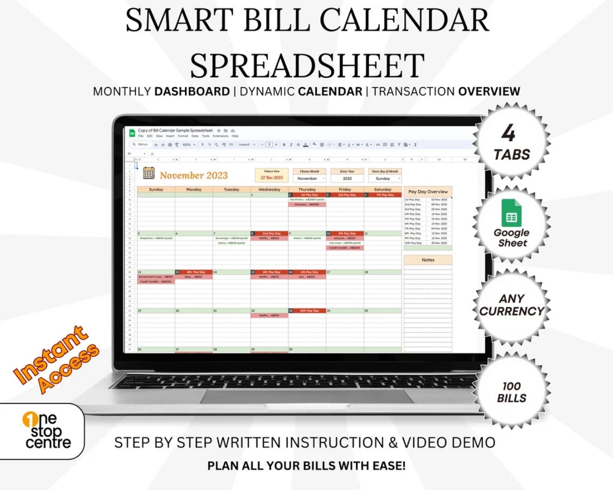 Google Sheets monthly bill calendar and payment dashboard, Smart bill tracker spreadsheet for personal finances