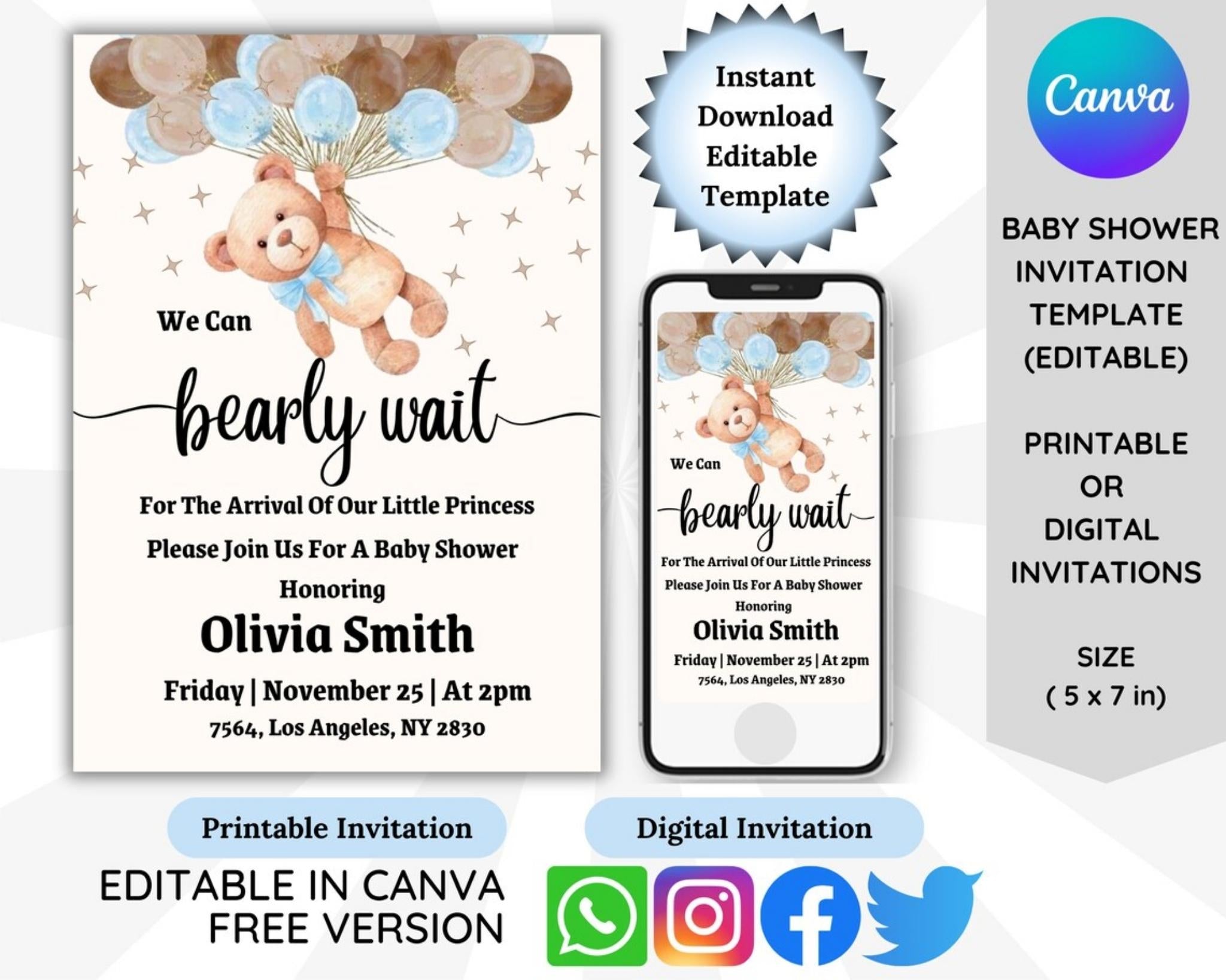 Stars teddy bear baby shower invitation template with teddy bear and balloons, featuring Canva branding.