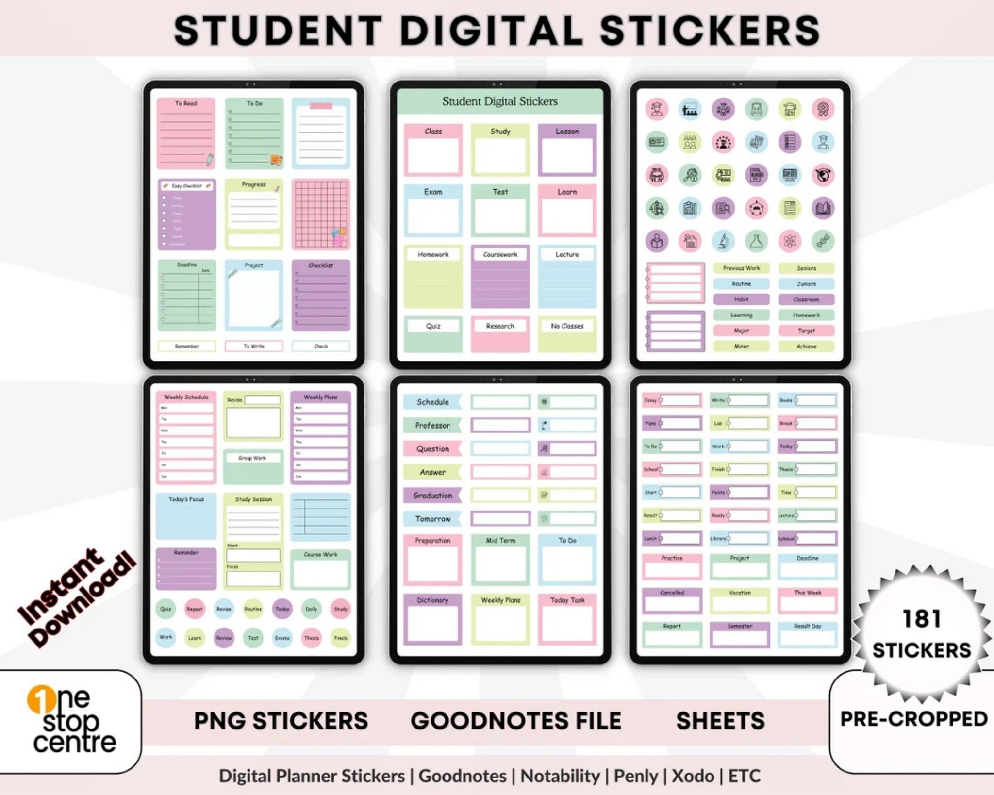 Student planner stickers applied to a weekly study schedule in Goodnotes