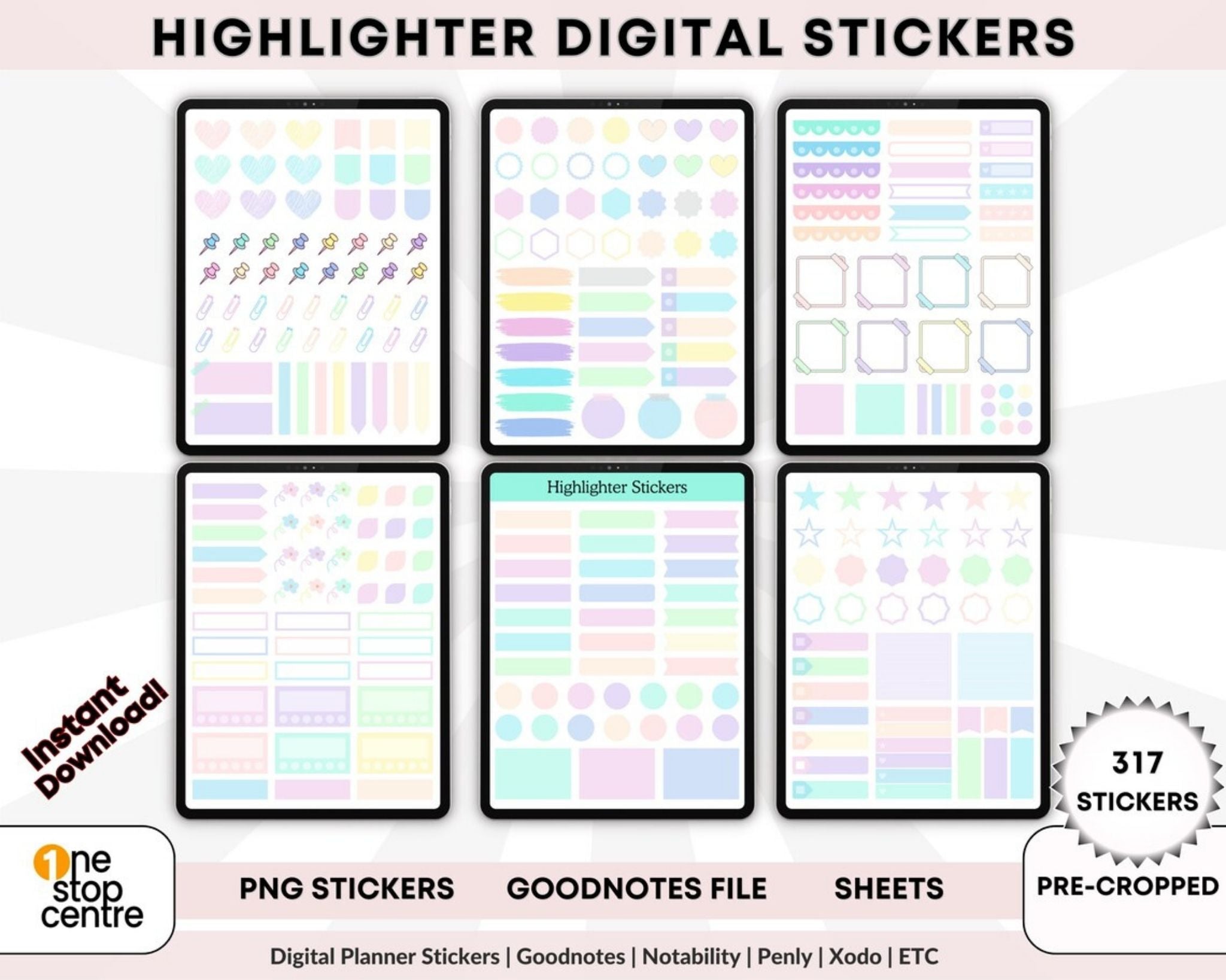 Transparent highlighter stickers for Goodnotes shown on digital planner page