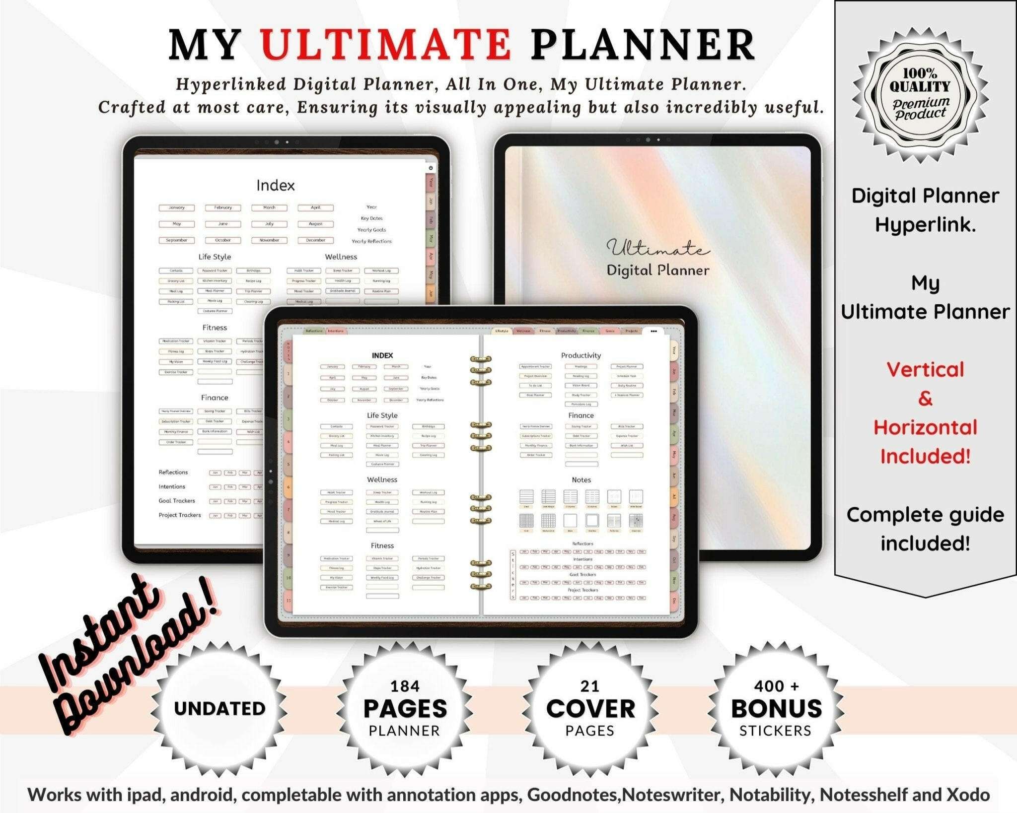 iPad showing Ultimate Digital Planner dashboard layout