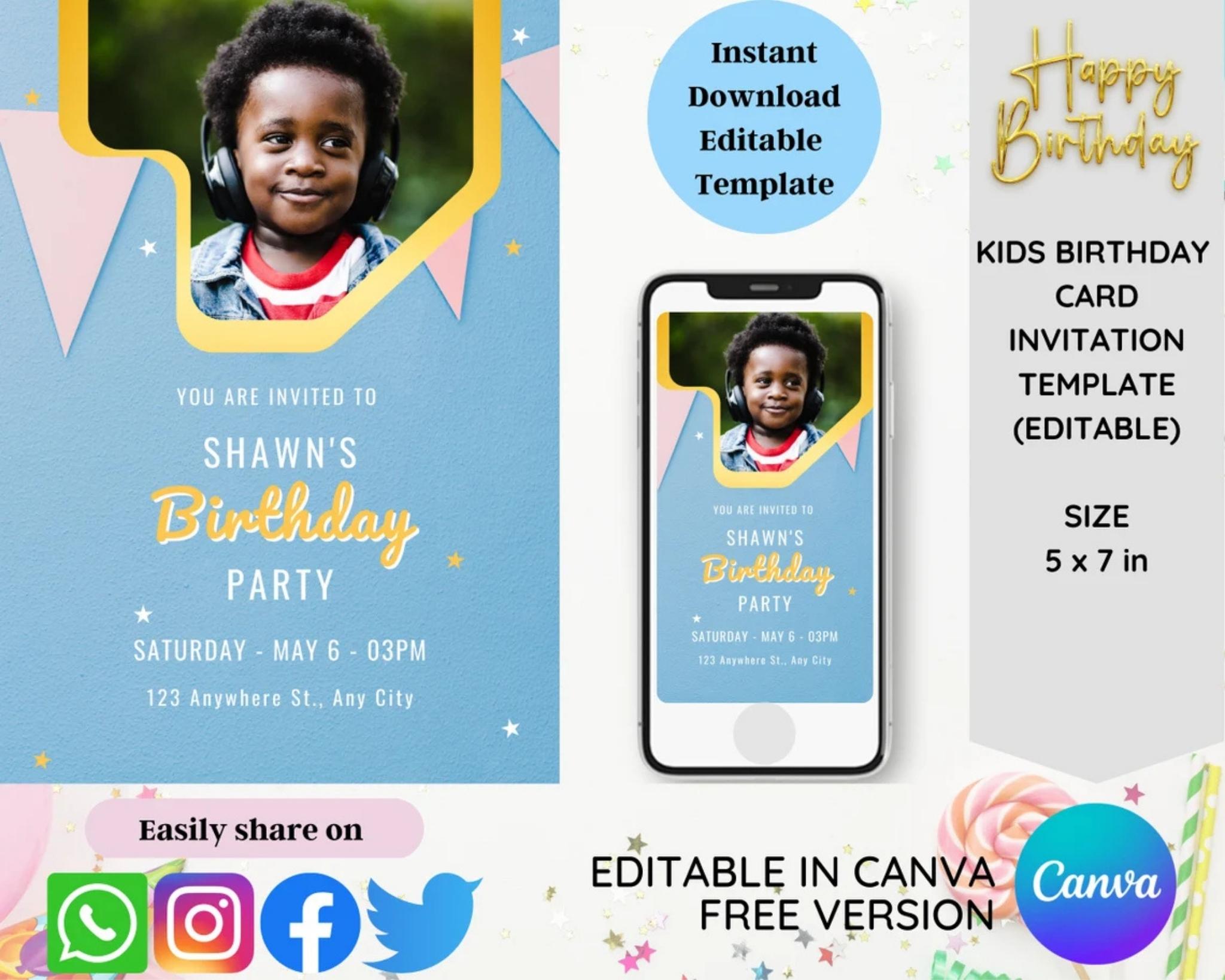 Editable birthday invitation template with photo frame Canva template