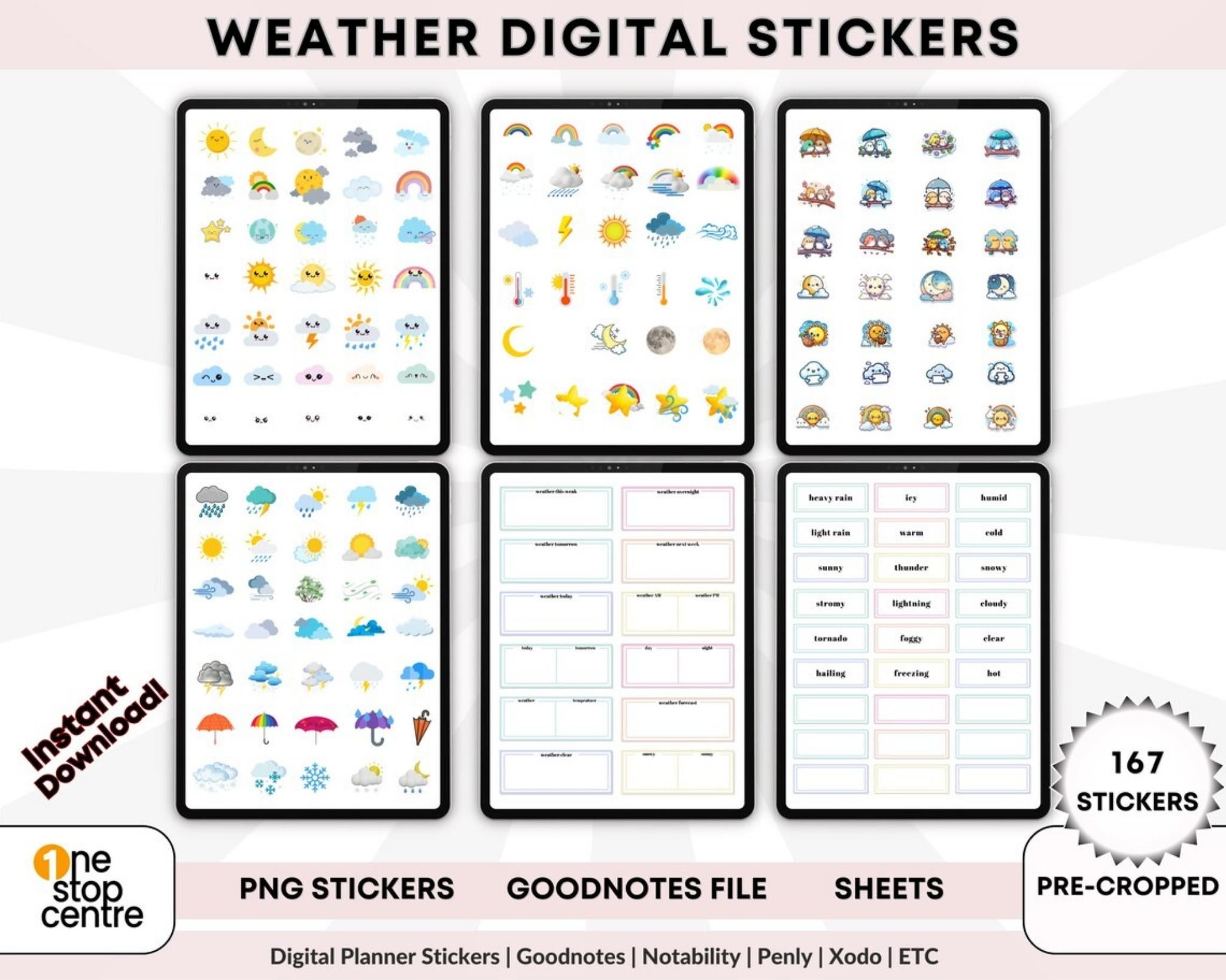 Weather digital stickers set displayed on a Goodnotes planner page
