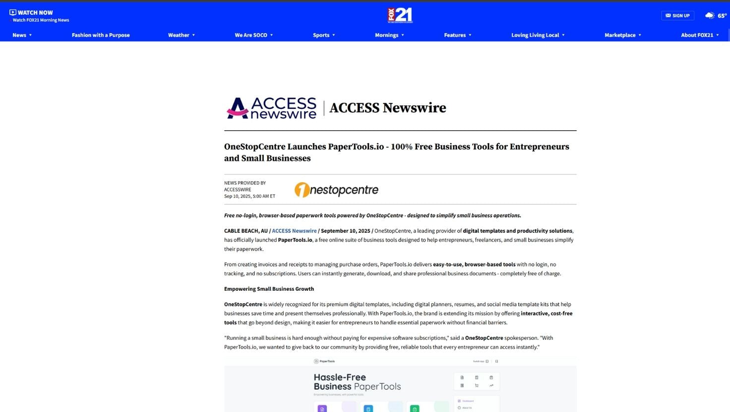 Fox21 News cover of OneStopCentre’s PaperTools.io launch – free business tools and digital templates