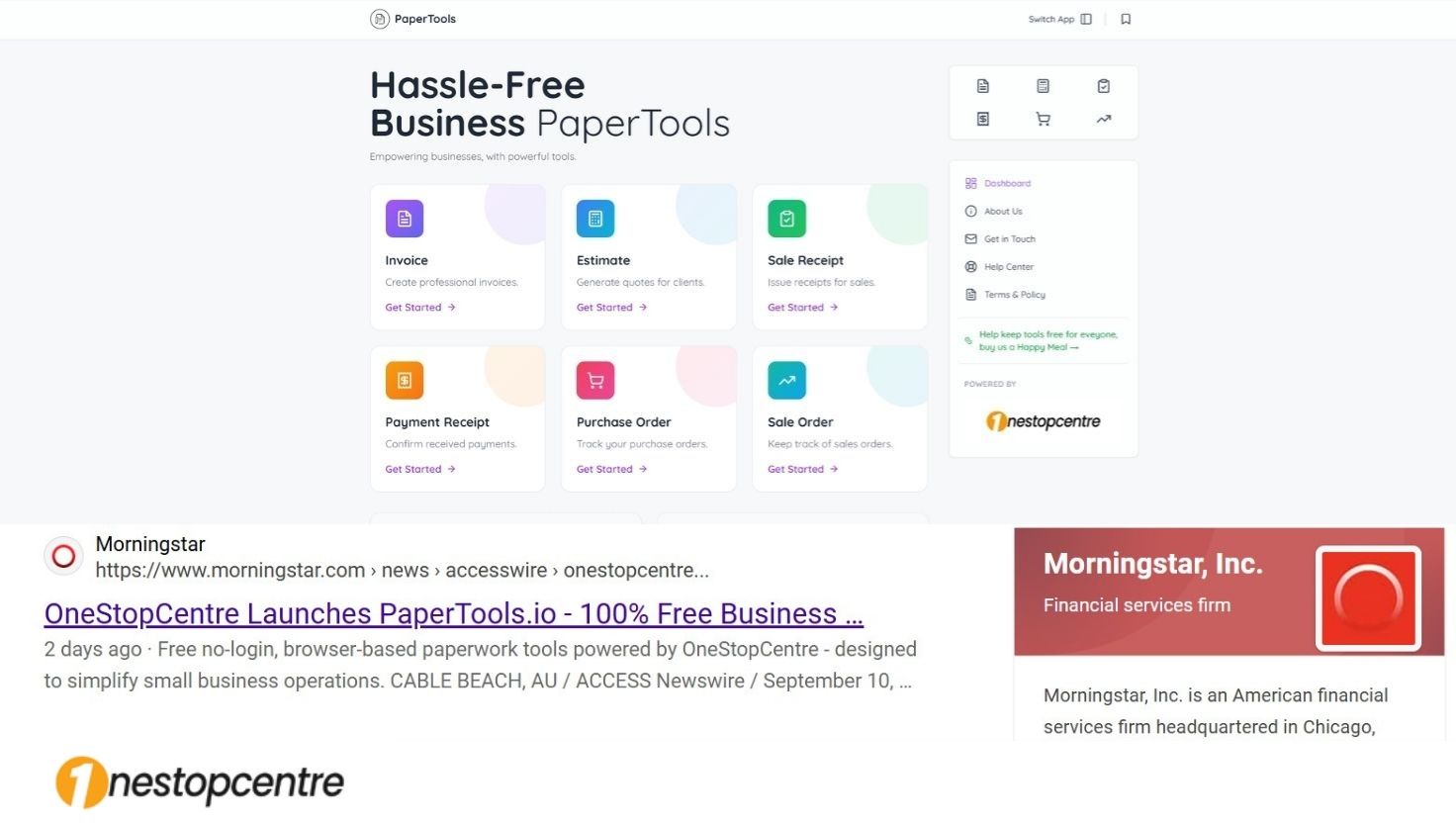 Morningstar news showing PaperTools.io free business tools by OneStopCentre