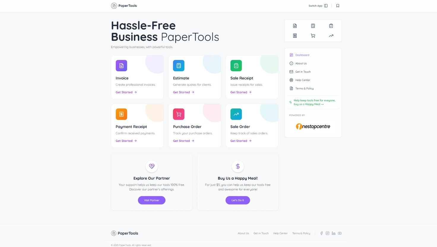 Screenshot of PaperTools.io free business tools dashboard showing invoice, estimate, receipts, and purchase order apps, powered by OneStopCentre