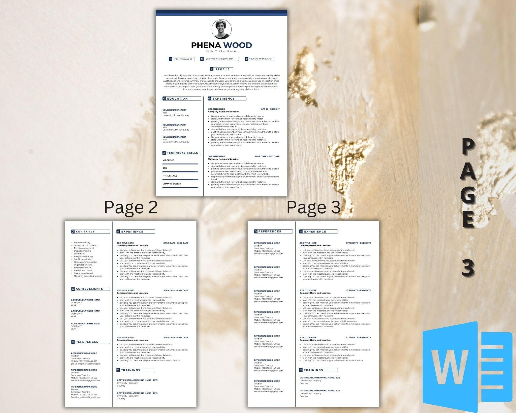 Three-page professional CV template with experience and achievements