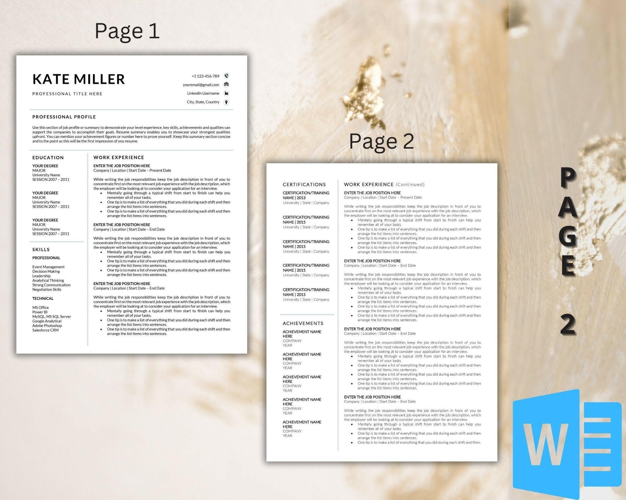 Minimalist ats Word resume template –two page layout preview