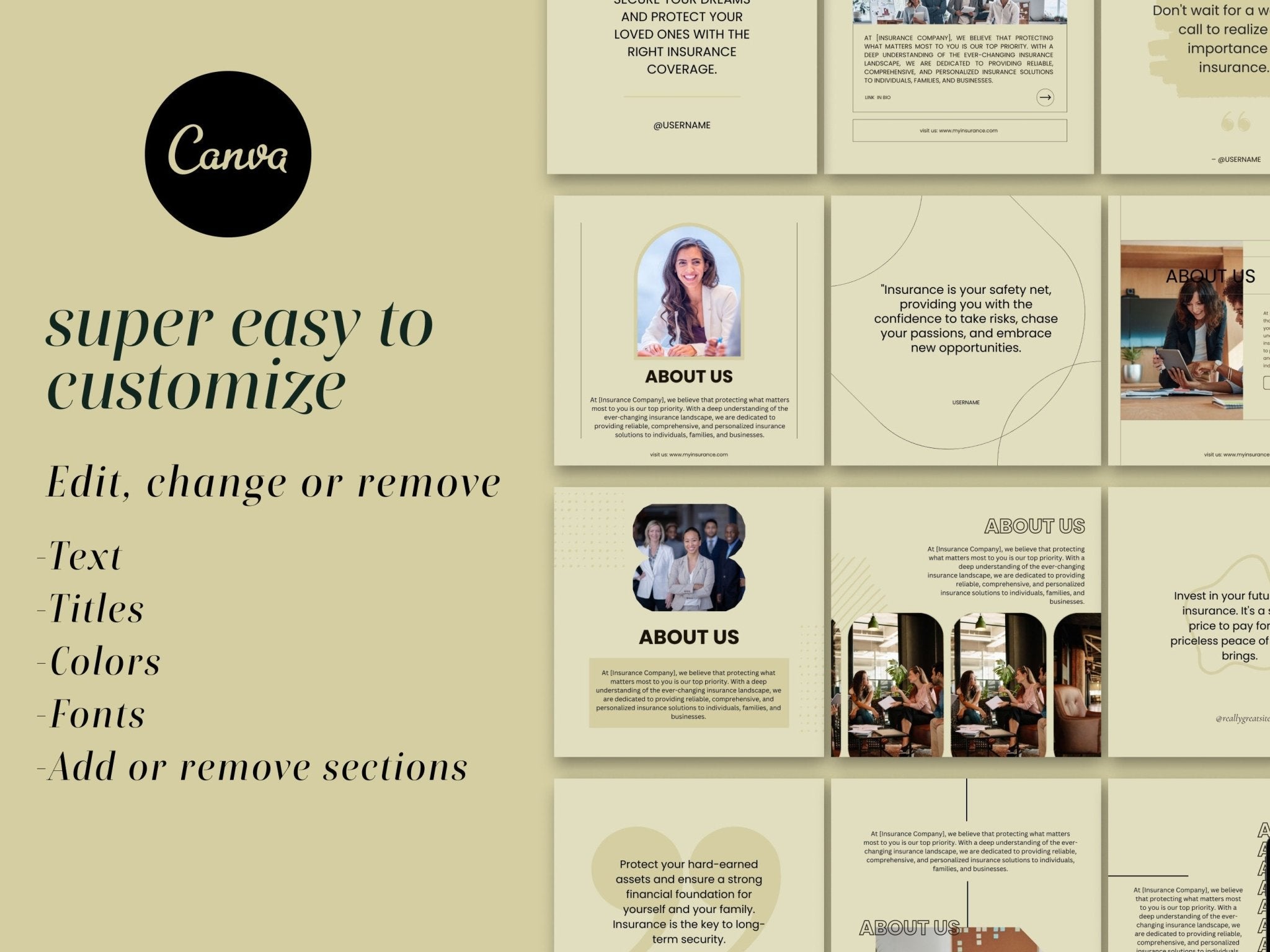 Marketing graphics bundle for insurance professionals, easy to edit and customise in Canva free version 