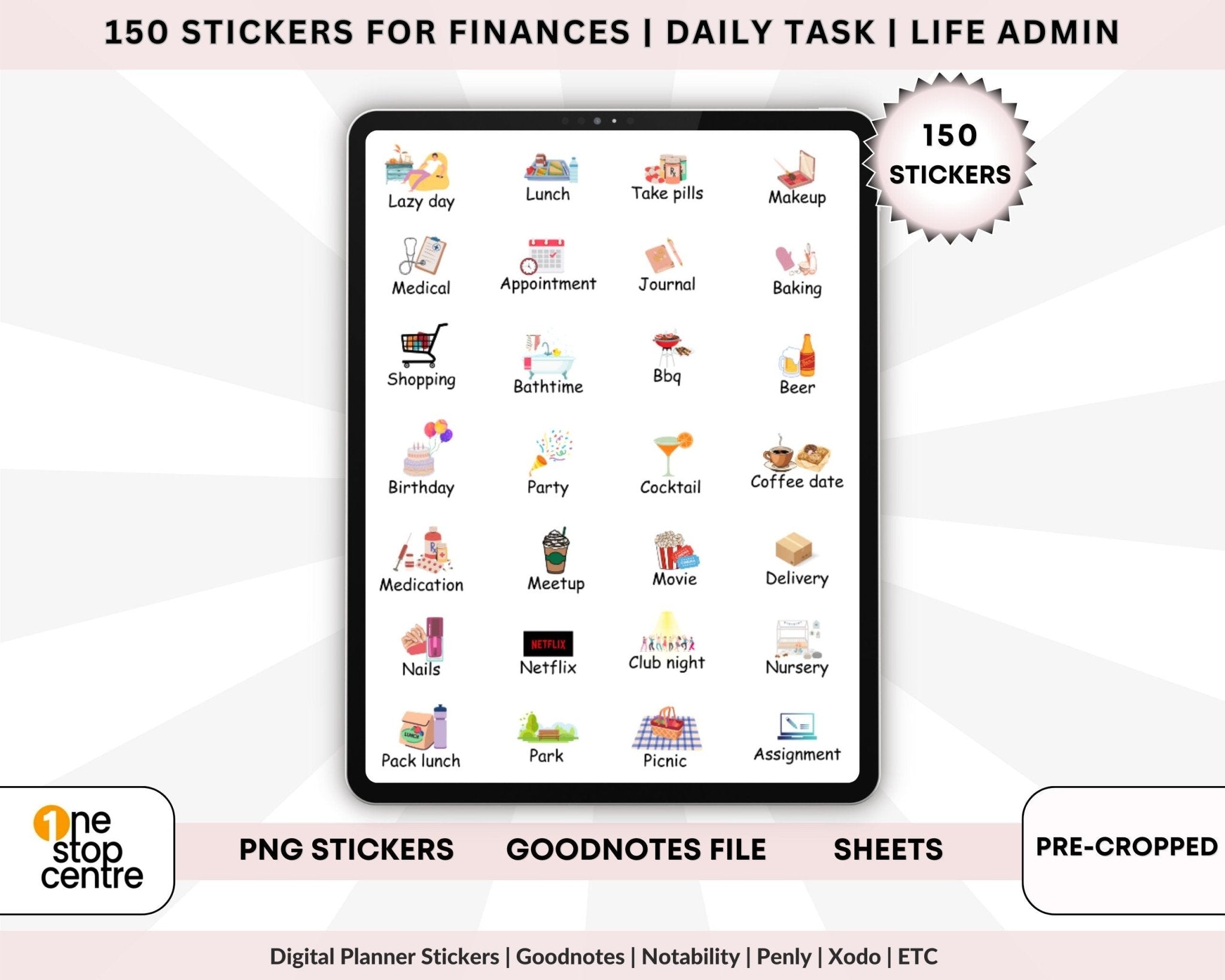 bundle of 150 GoodNotes PNG icons for reminders, chores, bills and finance and important days or life routines 