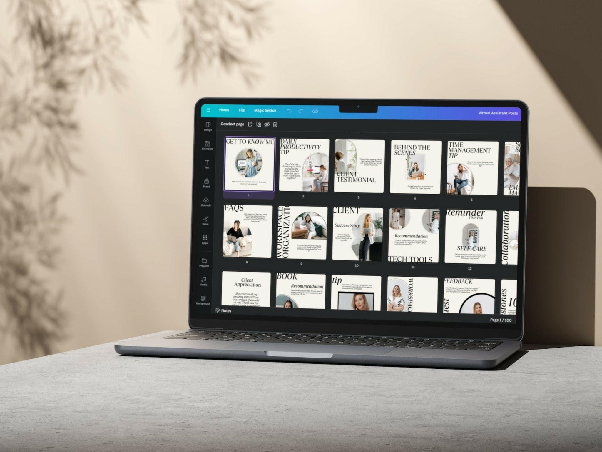 Laptop displaying 200-piece Instagram posts and stories kit for social media managers