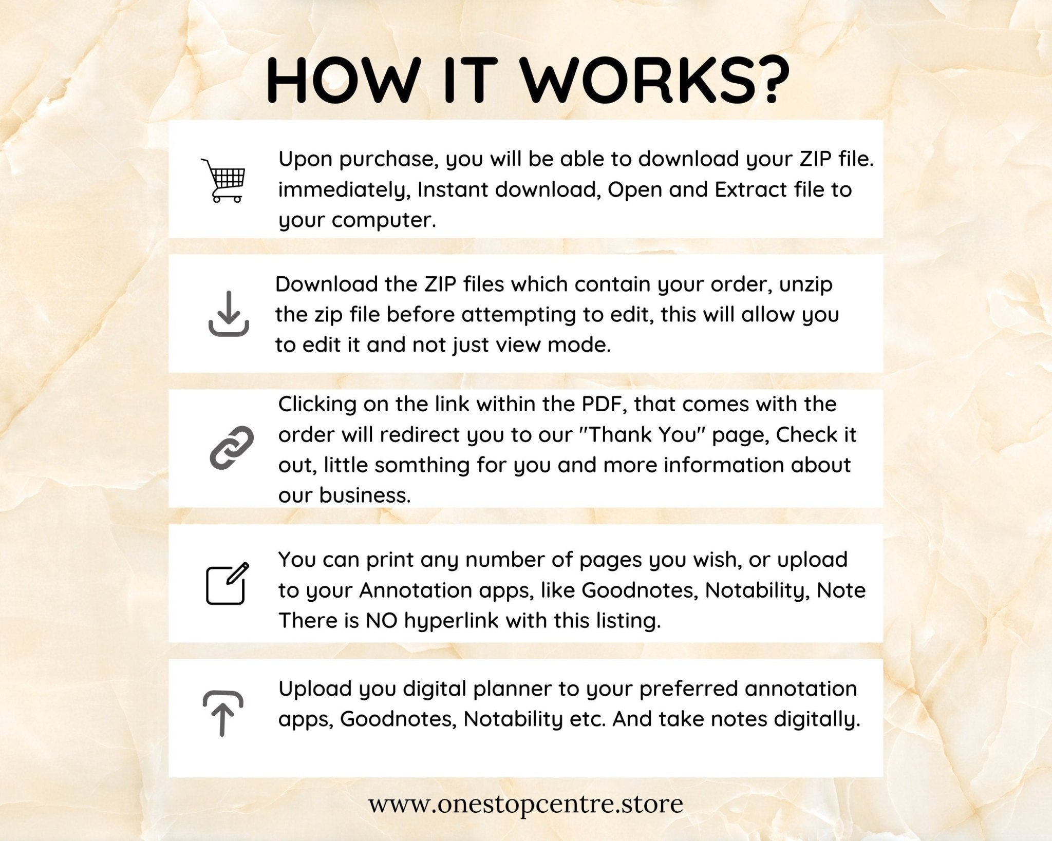 Instructions on how to download and use a digital planner with a beige background