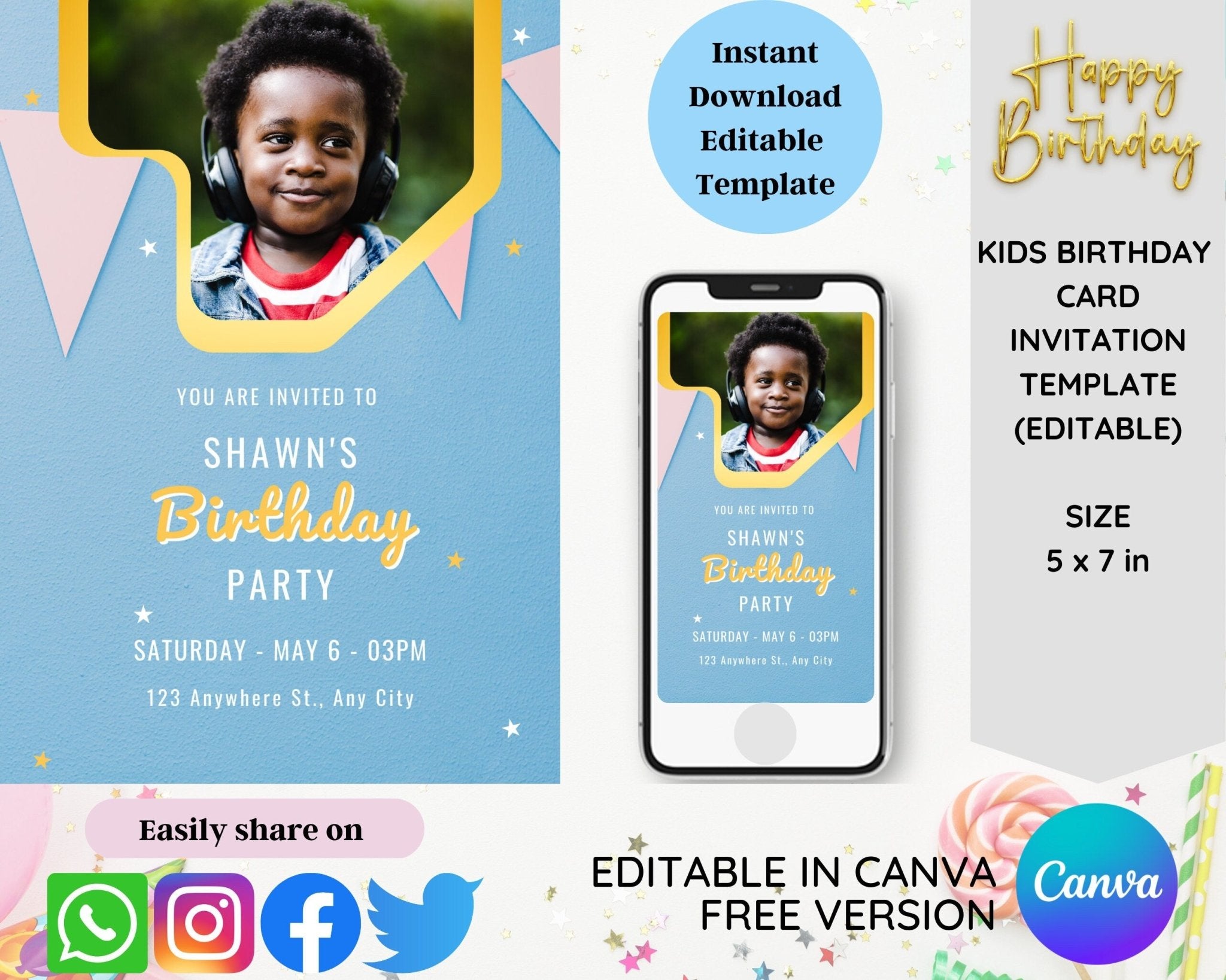 Editable birthday invitation template with photo frame