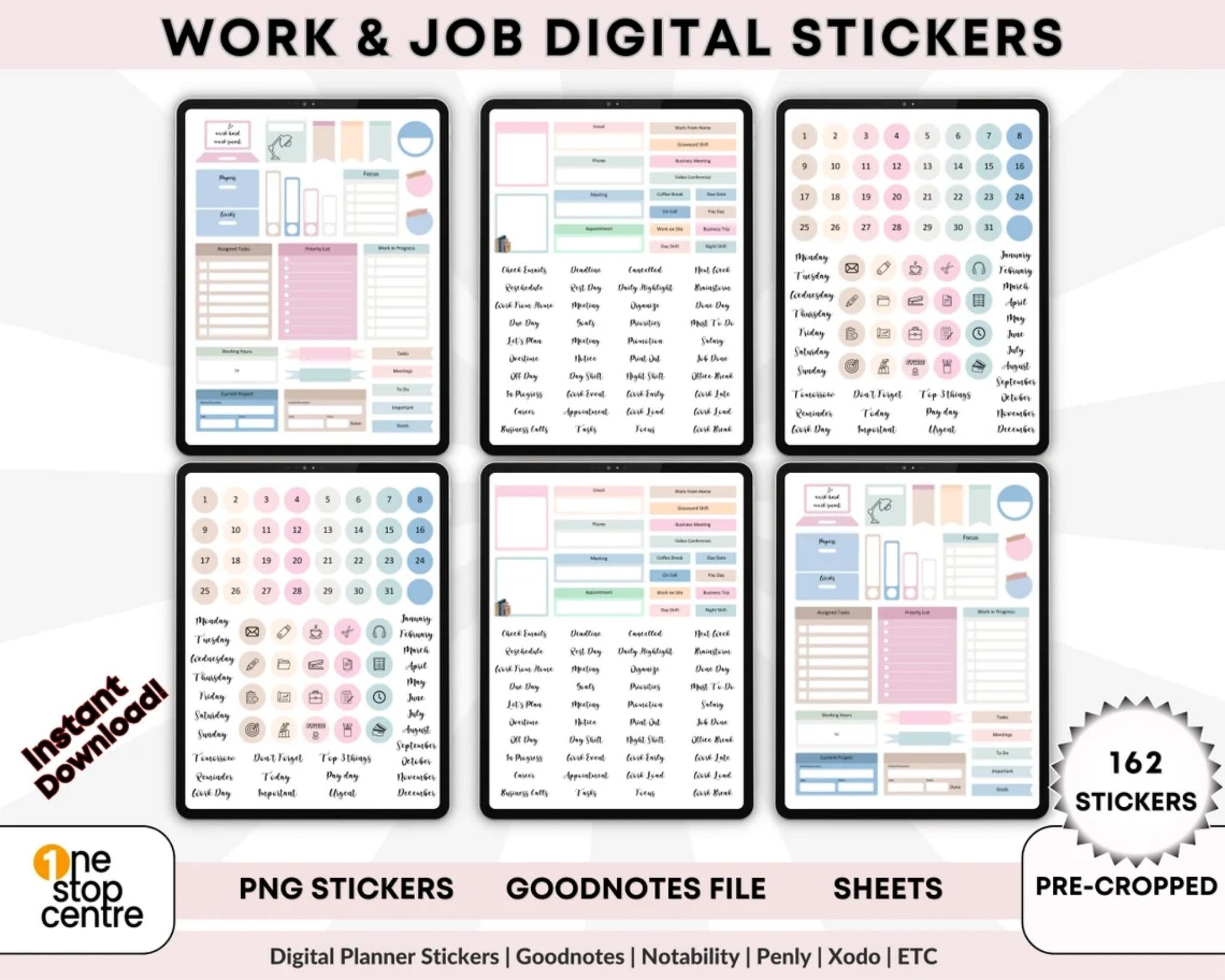 162 work and job planning digital stickers for GoodNotes and iPad