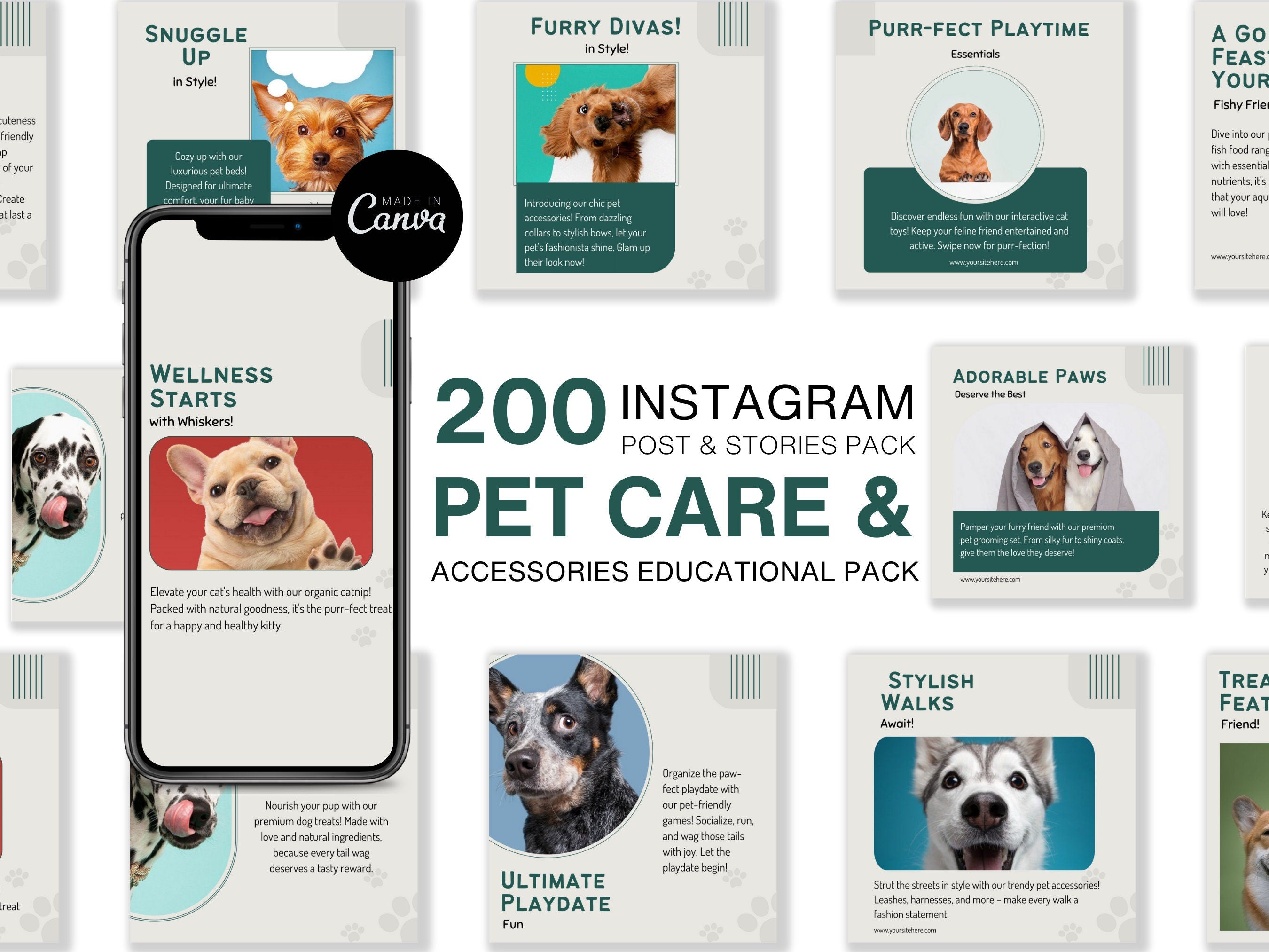 Preview of 200 editable pet care Canva templates bundle