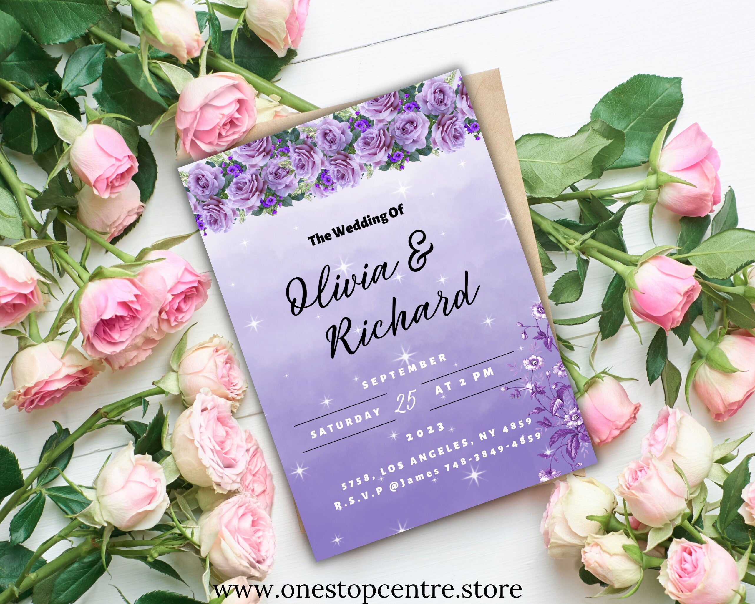 Printable minimal purple floral wedding invitation