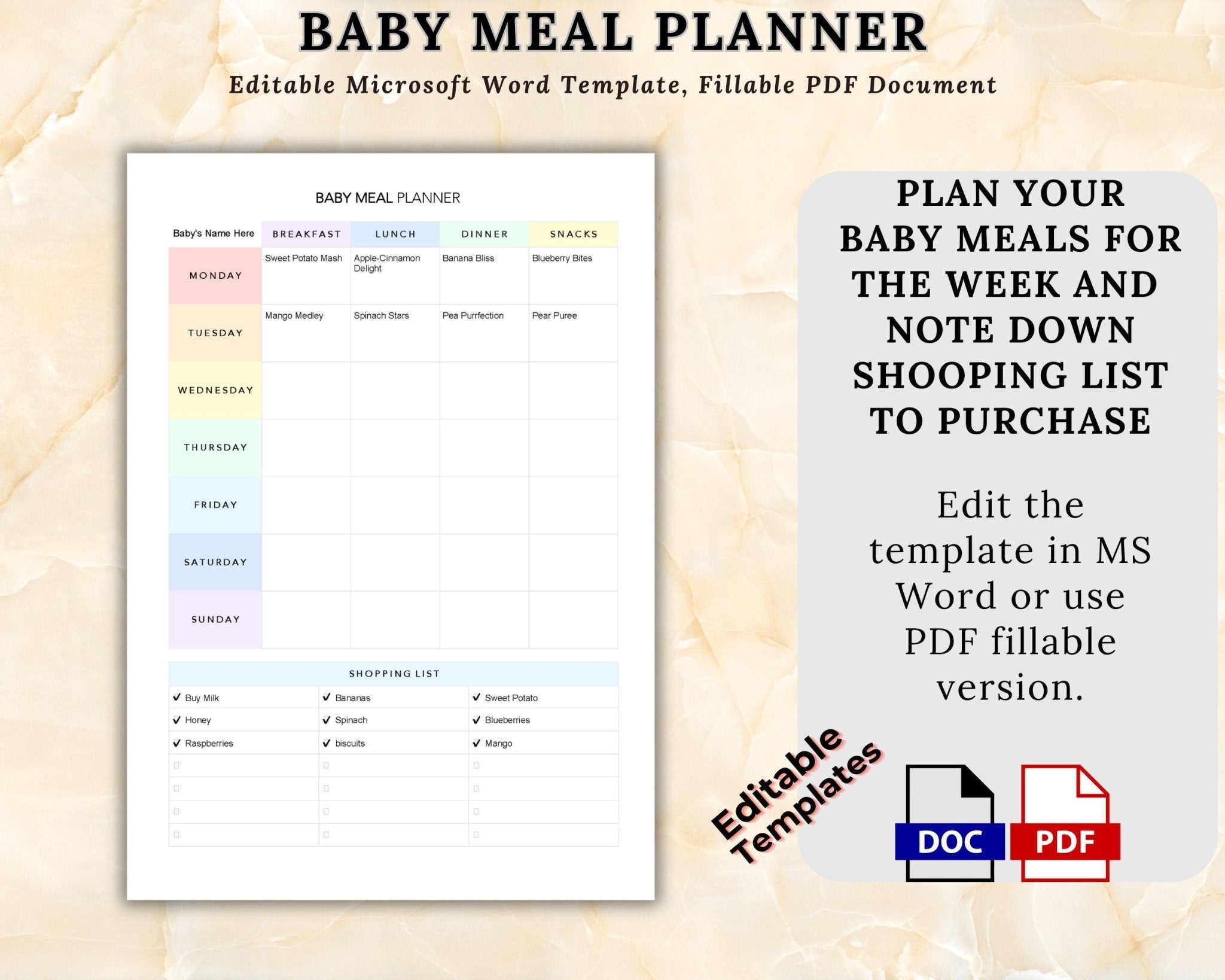 PDF fillable baby food and grocery list planner