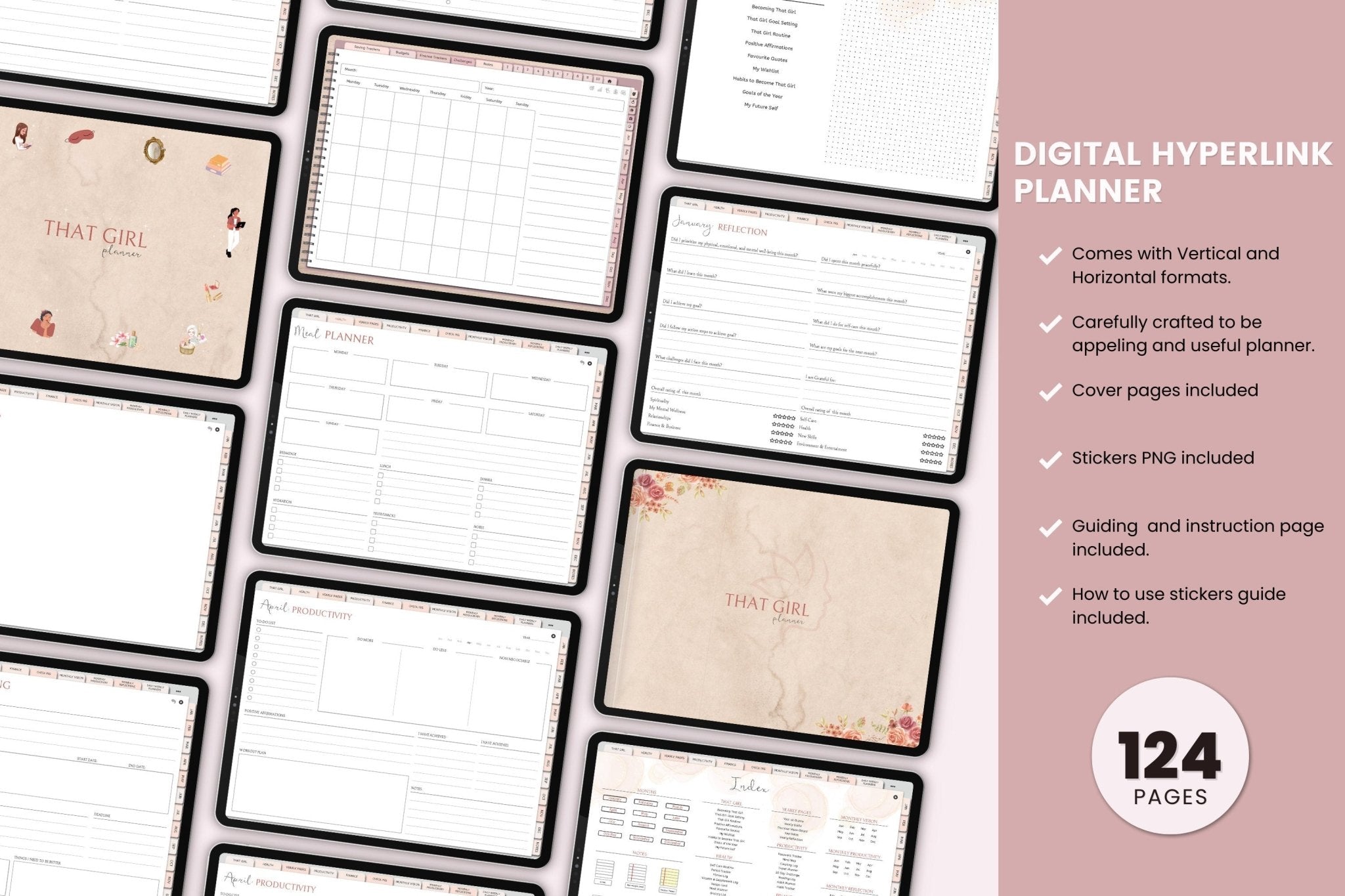 highlight of what is included with that girl digital planner, digital stickers, vertical version planner, horizontal version planner 