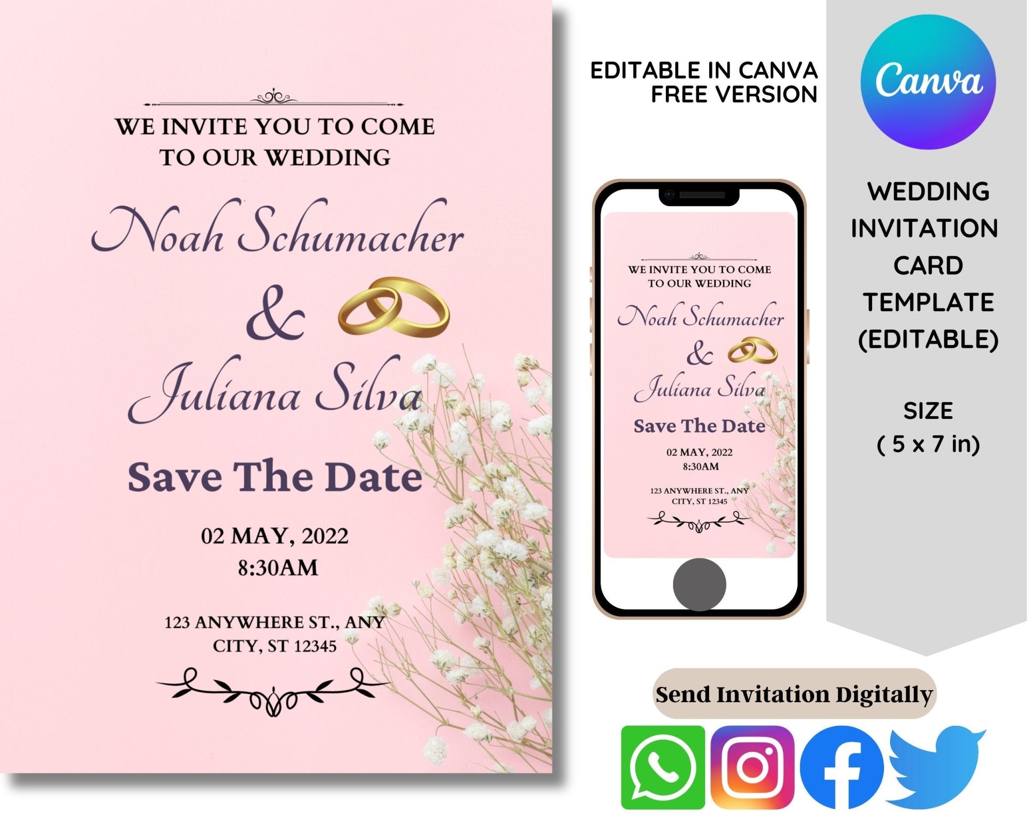 Minimalist Canva wedding invitation template in 5x7 size