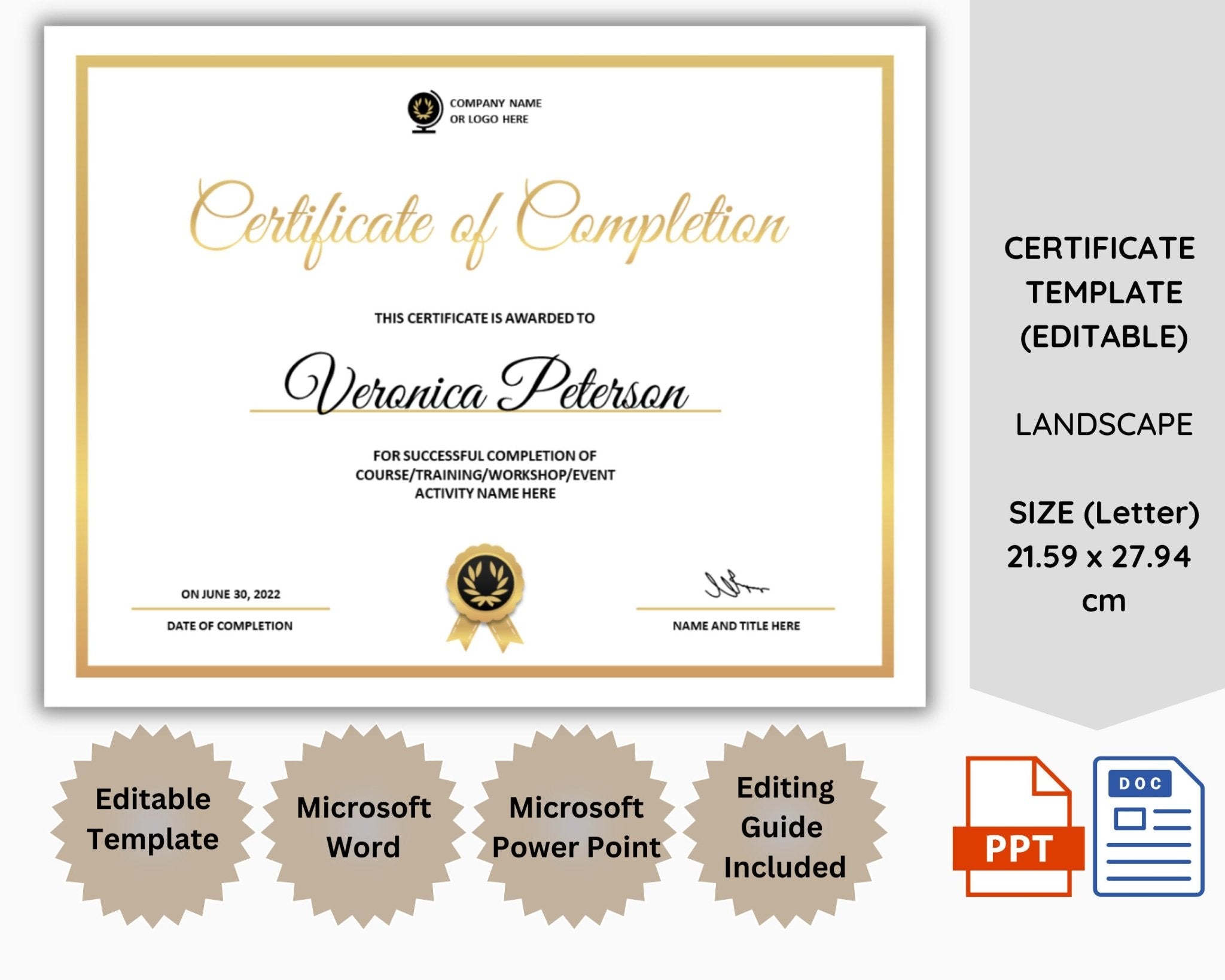 Editable white and gold certificate template in Word and PowerPoint