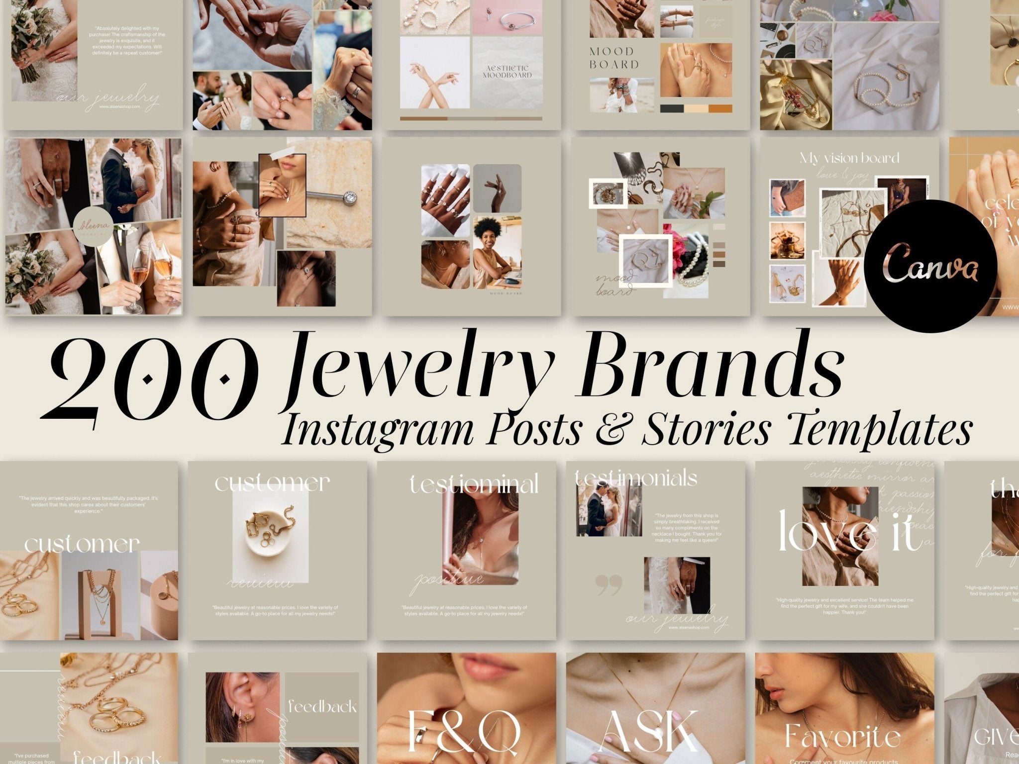 Promotional graphic for 200 Jewelry Brands Instagram Posts & Stories Templates by Canva.
