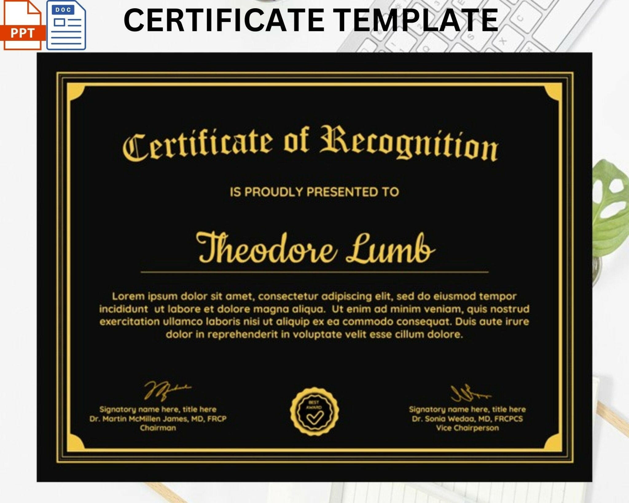 Certificate of Recognition template with placeholder text and decorative elements.