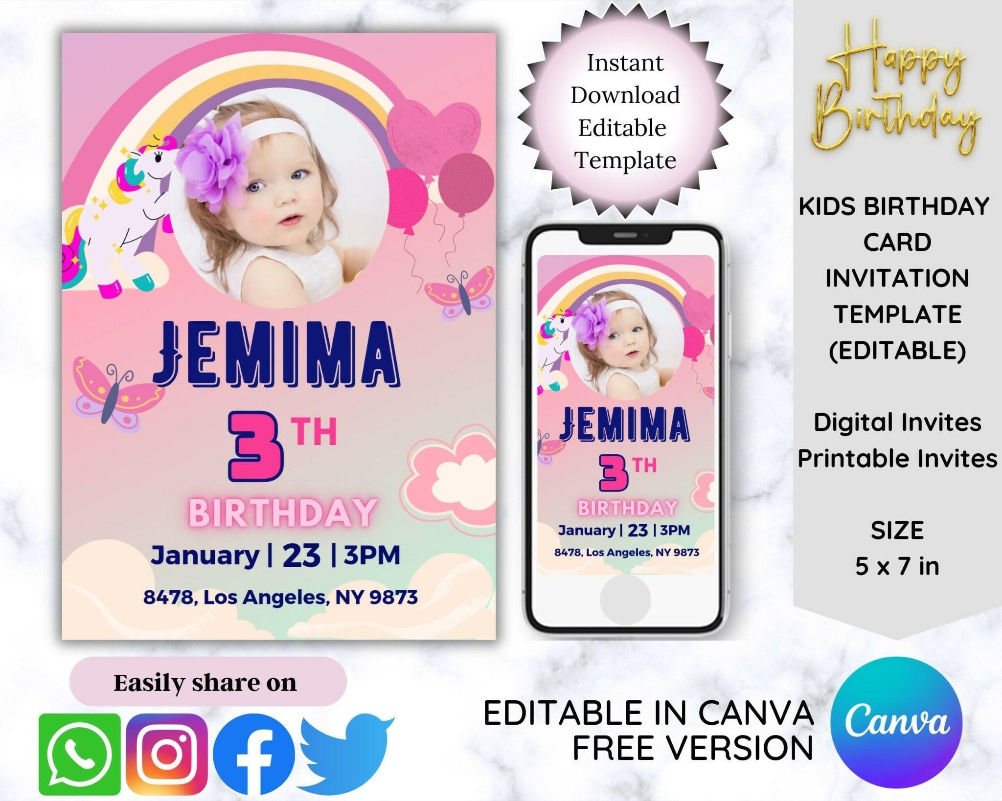 Pink unicorn birthday invitation with customizable photo