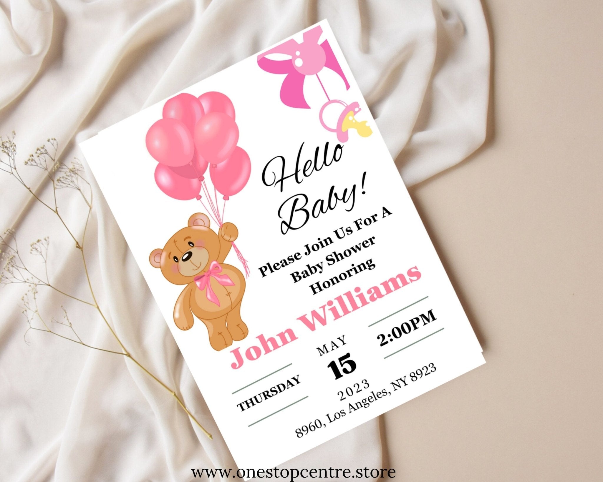 Minimalist digital baby shower invite template in pink