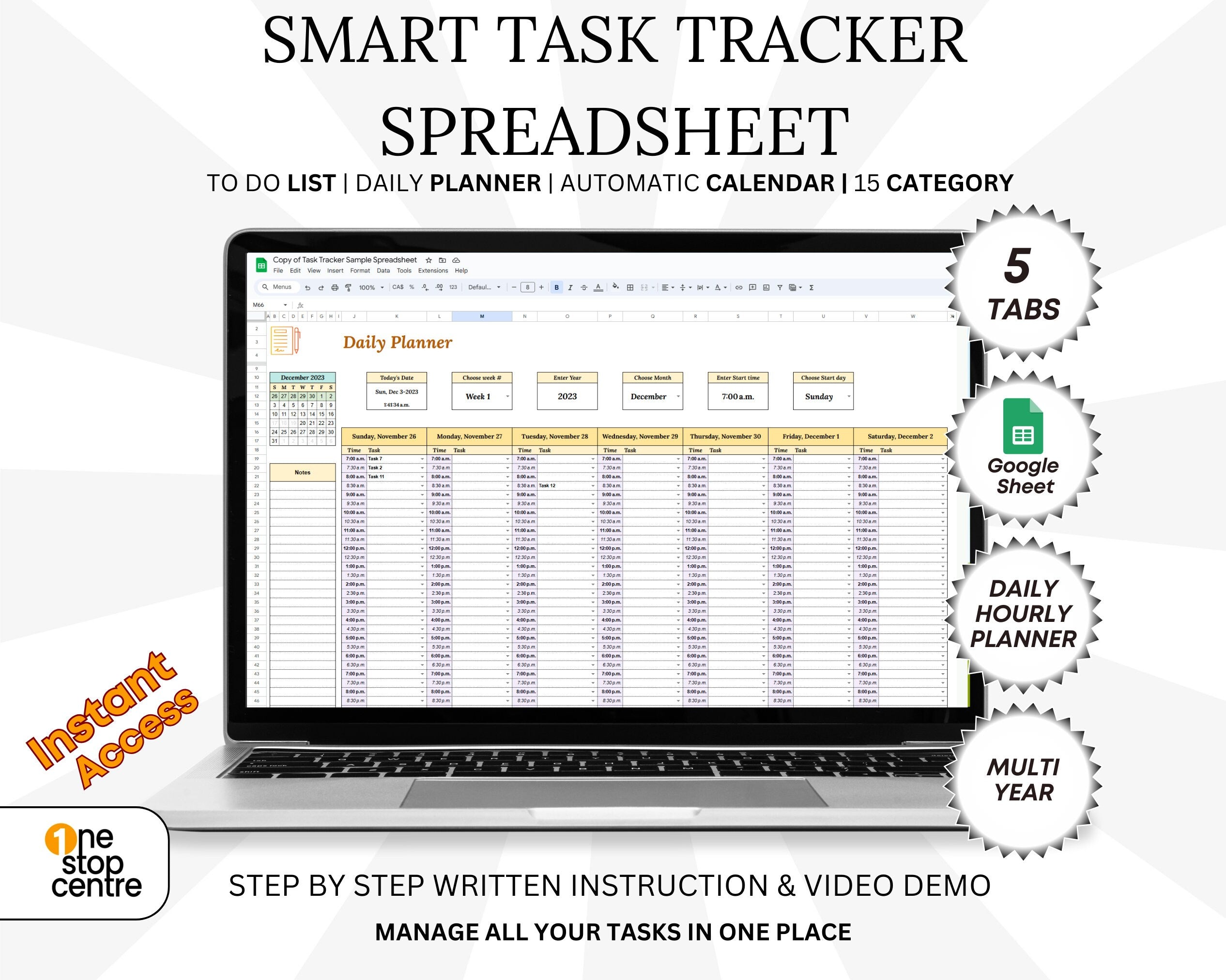 Google Sheets daily task tracker planner overview