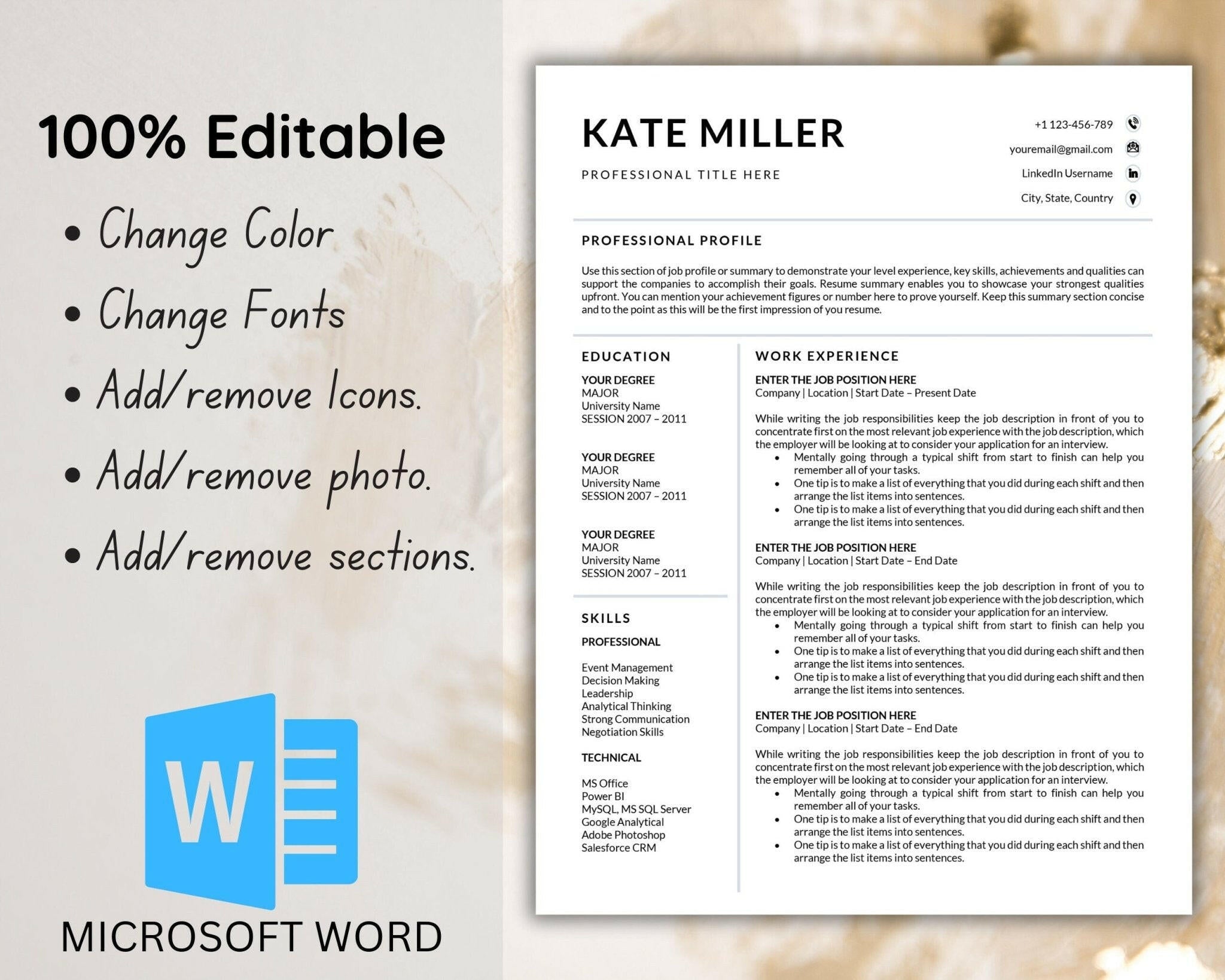 Resume template with Microsoft Word logo on a light background