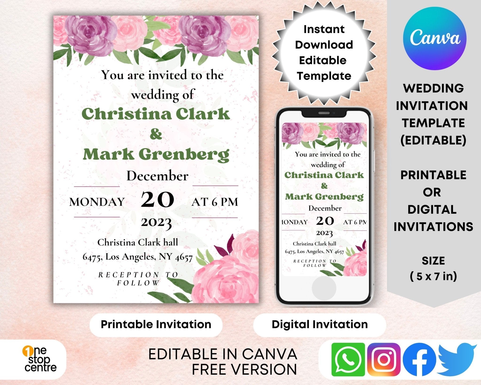 Minimalist pink floral wedding invitation template editable in Canva.
