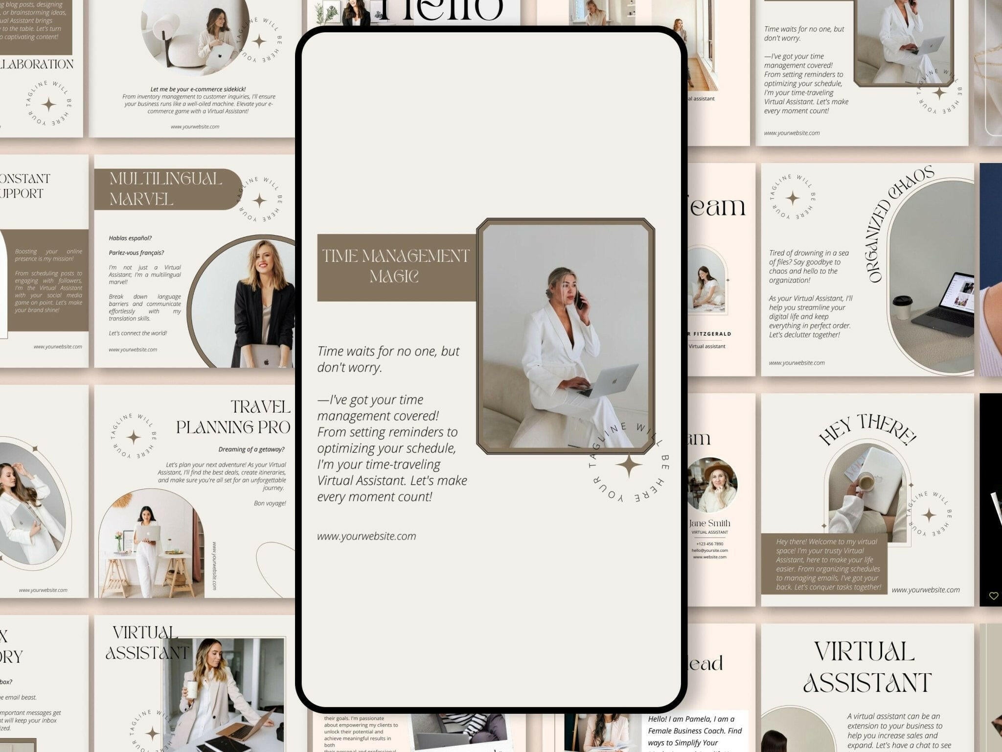 Phone screen displaying a virtual assistant service Canva templates