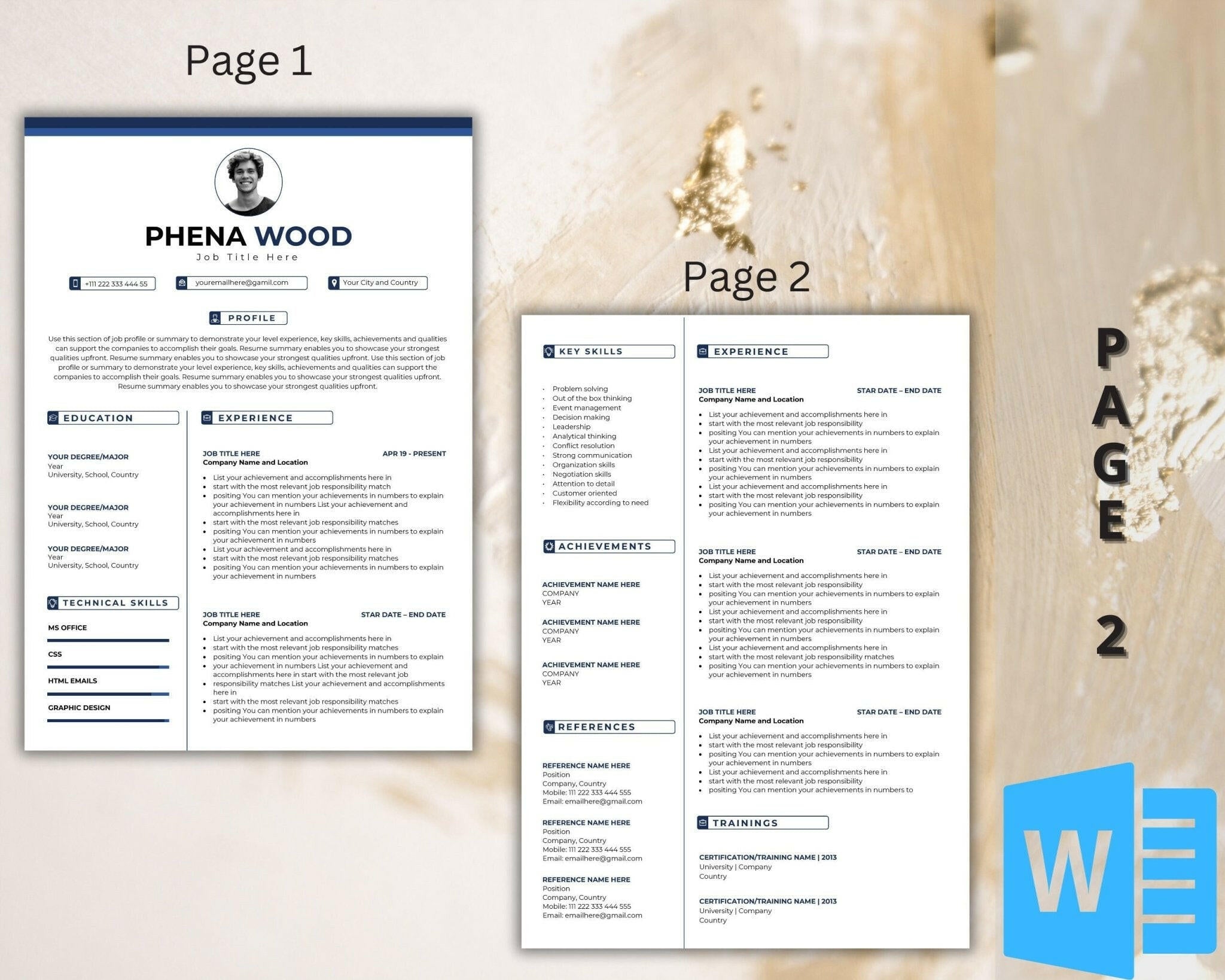 Two-page Word resume with photo and skills section, A4 and US Letter size