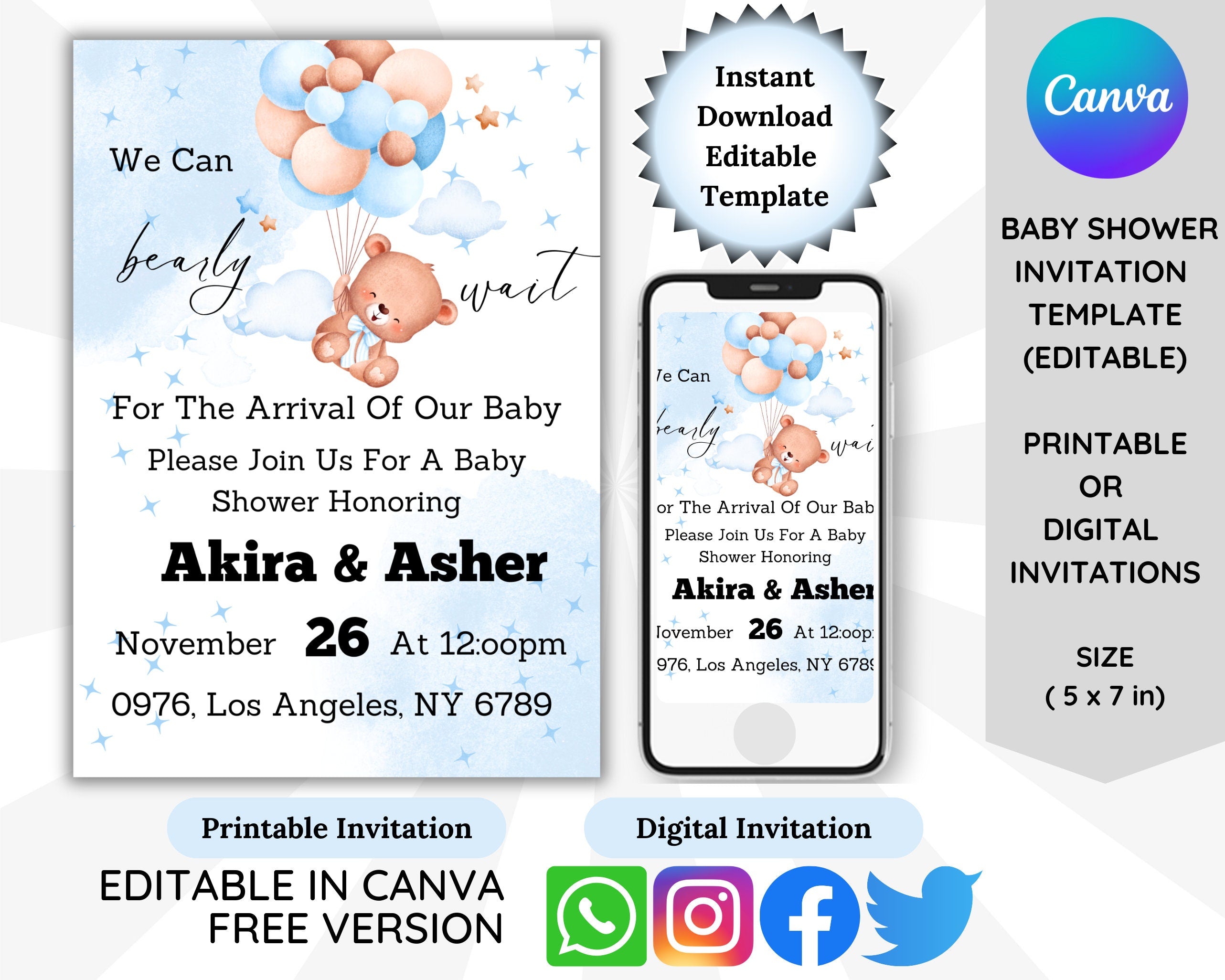 Blue stars and teddy bear baby shower invitation template