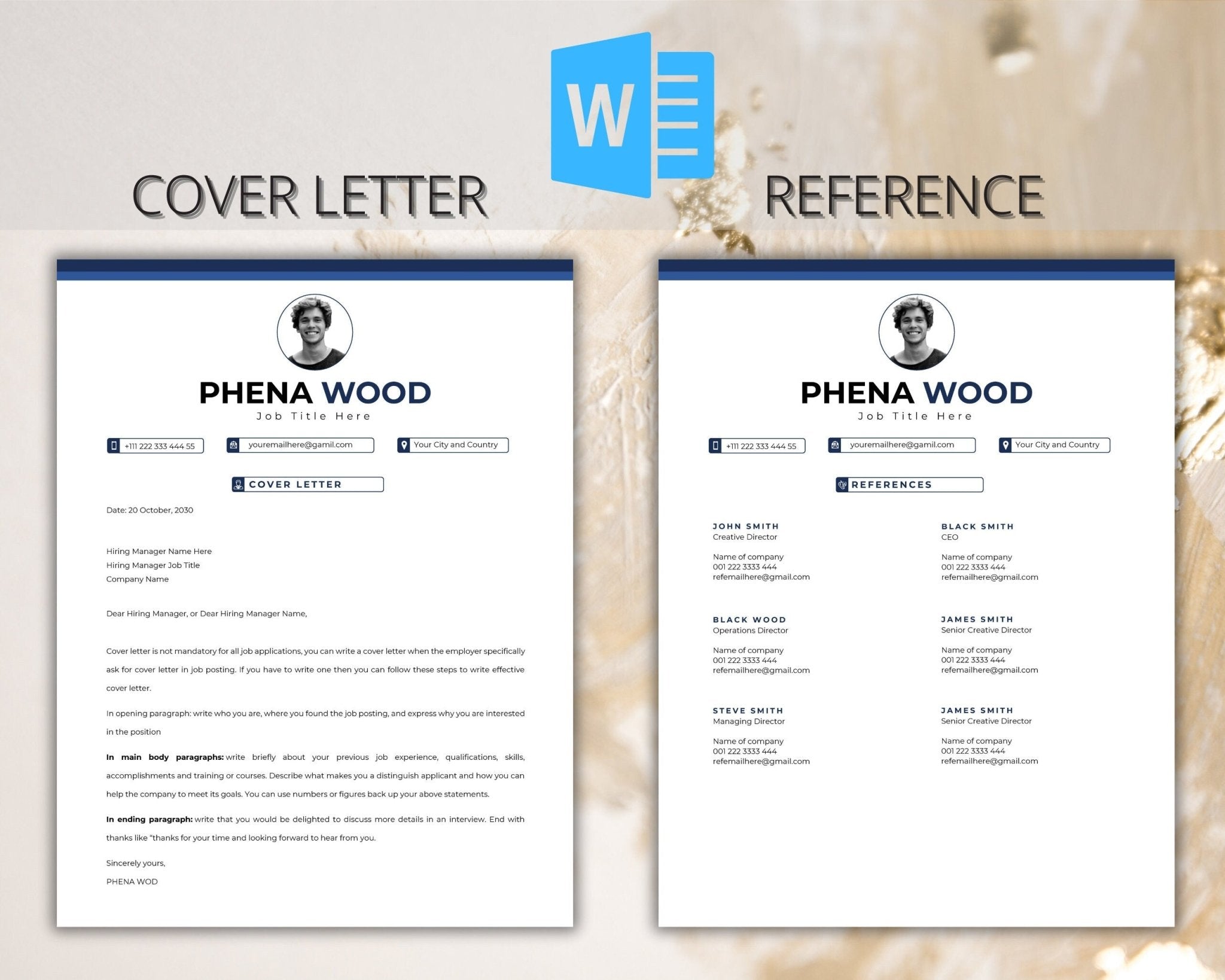 Matching cover letter and reference template for Word, coordinated style