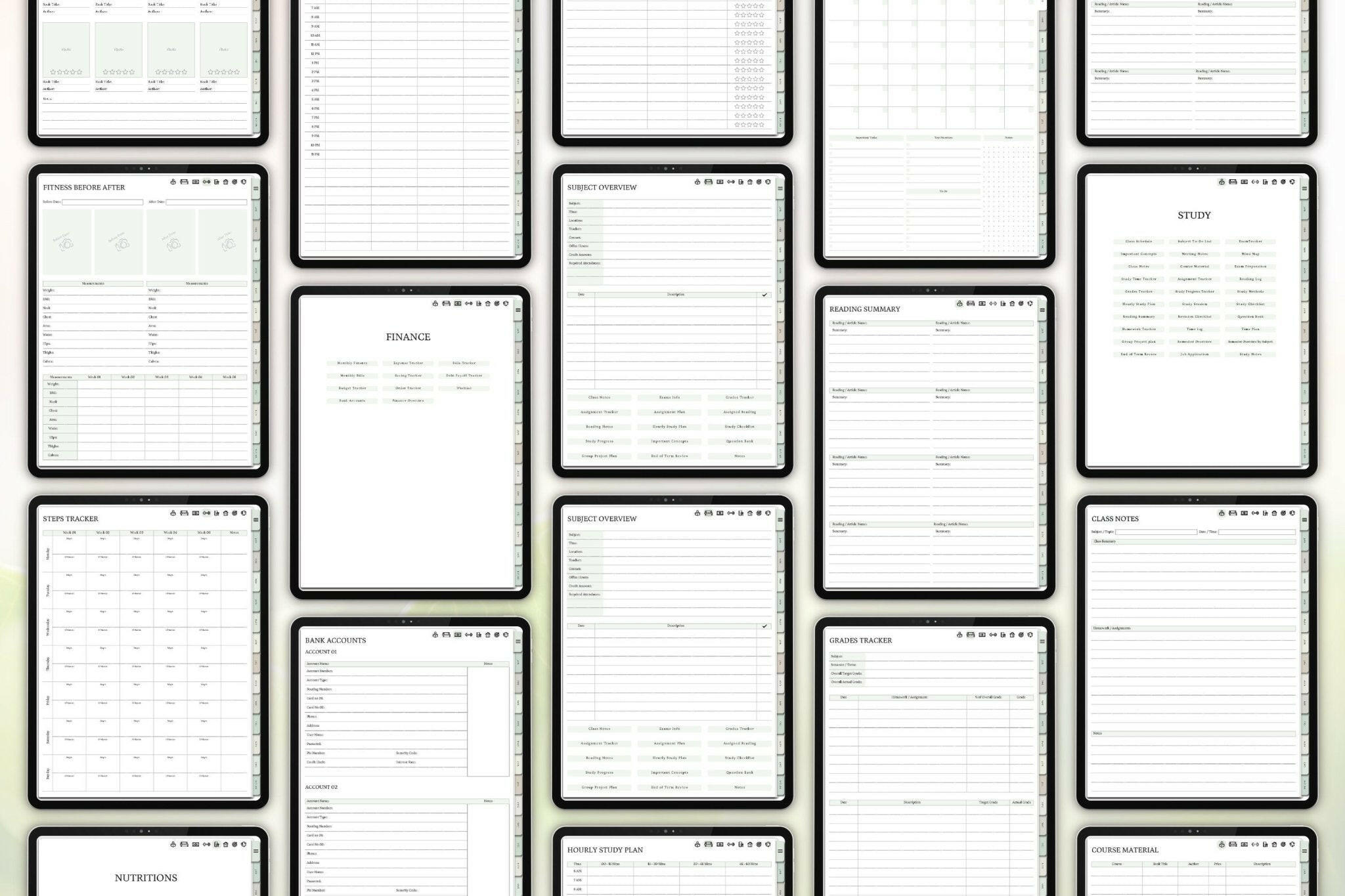 Pages included with Goodnotes student planner with class schedule and habit tracker