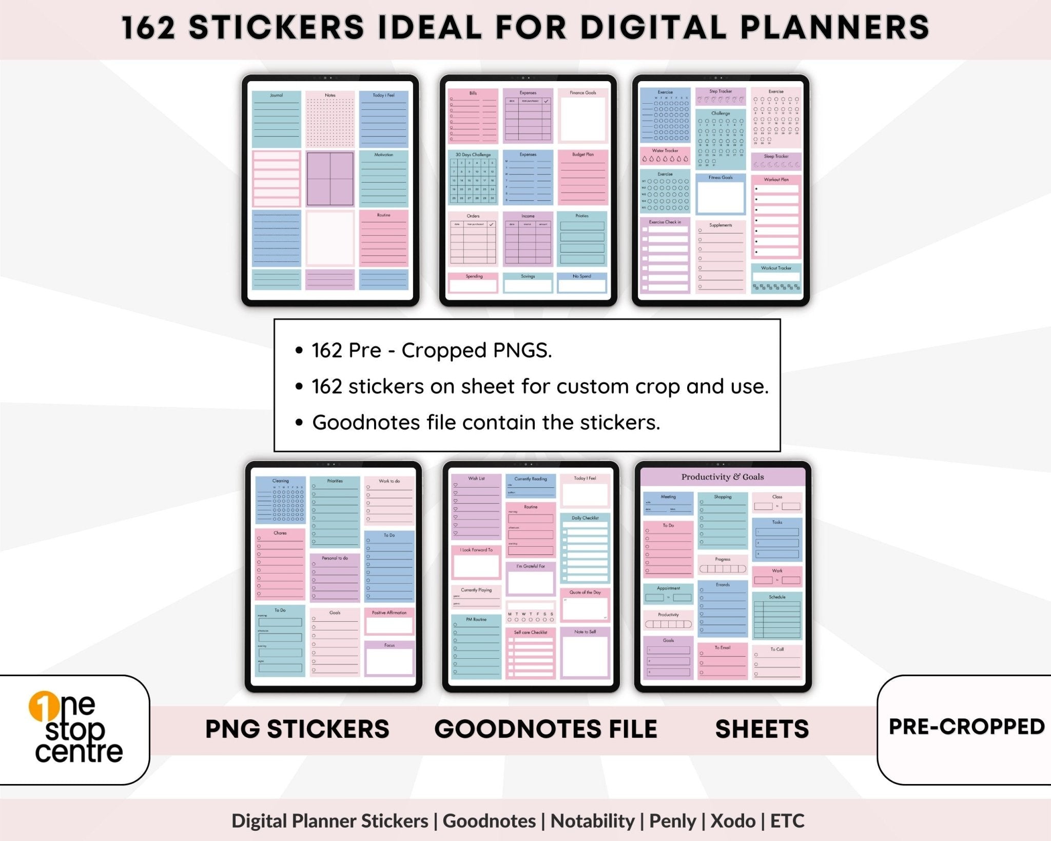 162 productivity digital planner stickers, goodnotes file, png pre cropped images 