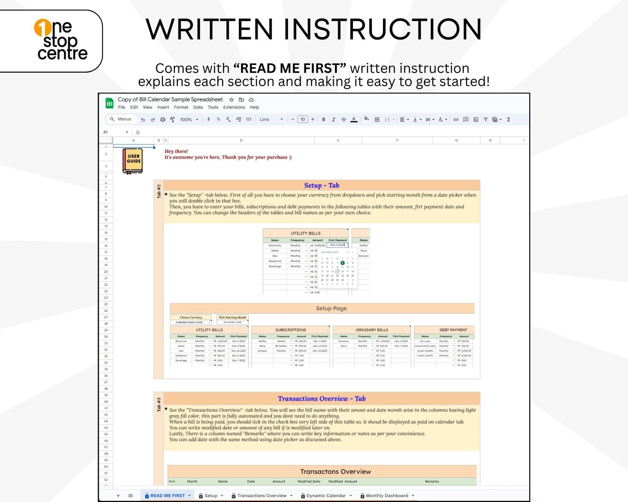 written instructions for Google Sheets monthly bill calendar and payment dashboard
